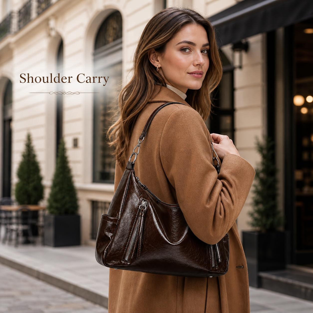 Hobo Handbag for Women Retro Glossy Vegan Leather Shoulder Bag Elegant Purse with Zippers for Work Travel Daily Use