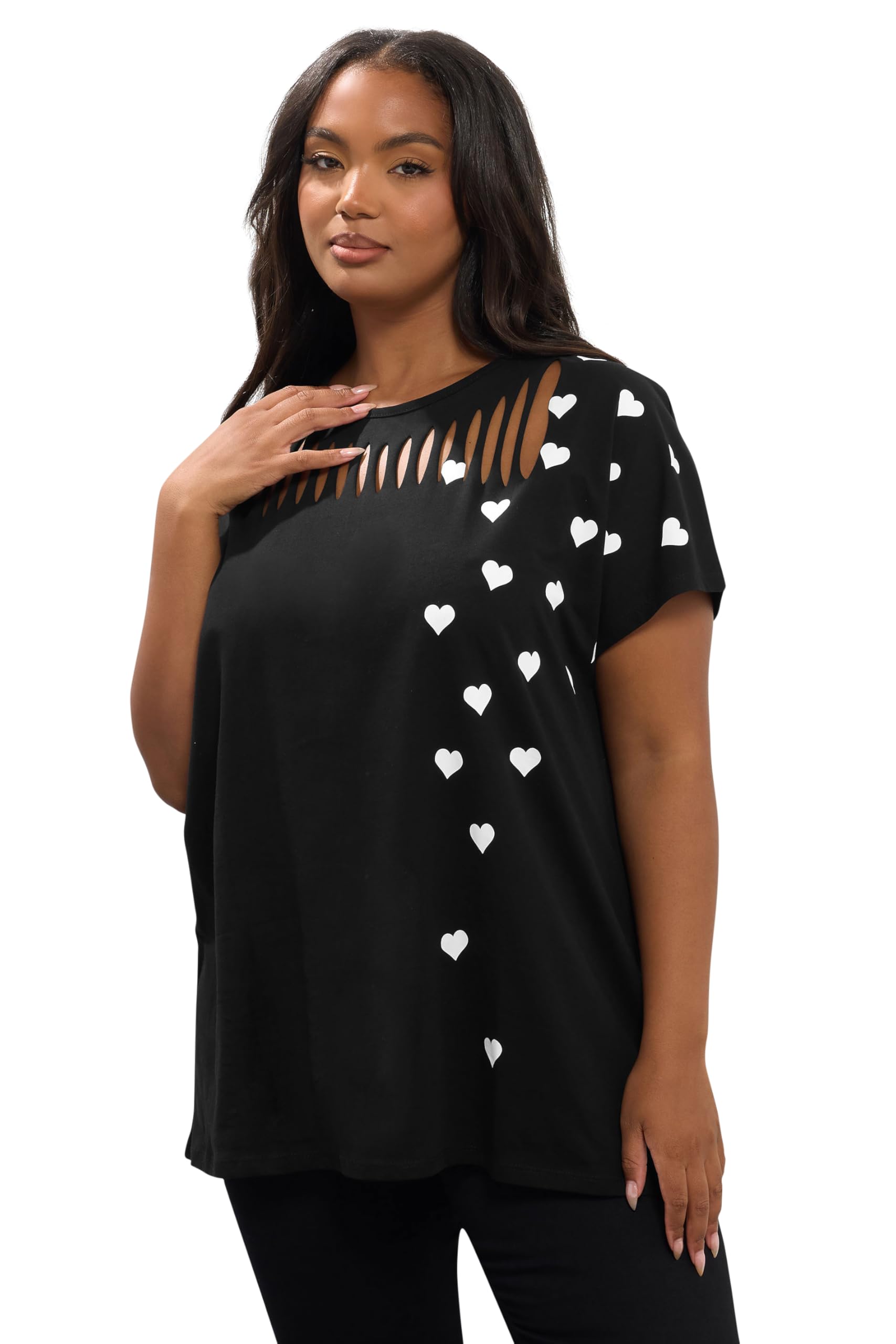 Yours Women's Heart Print Slash Detail Top - Black - Size 26-28