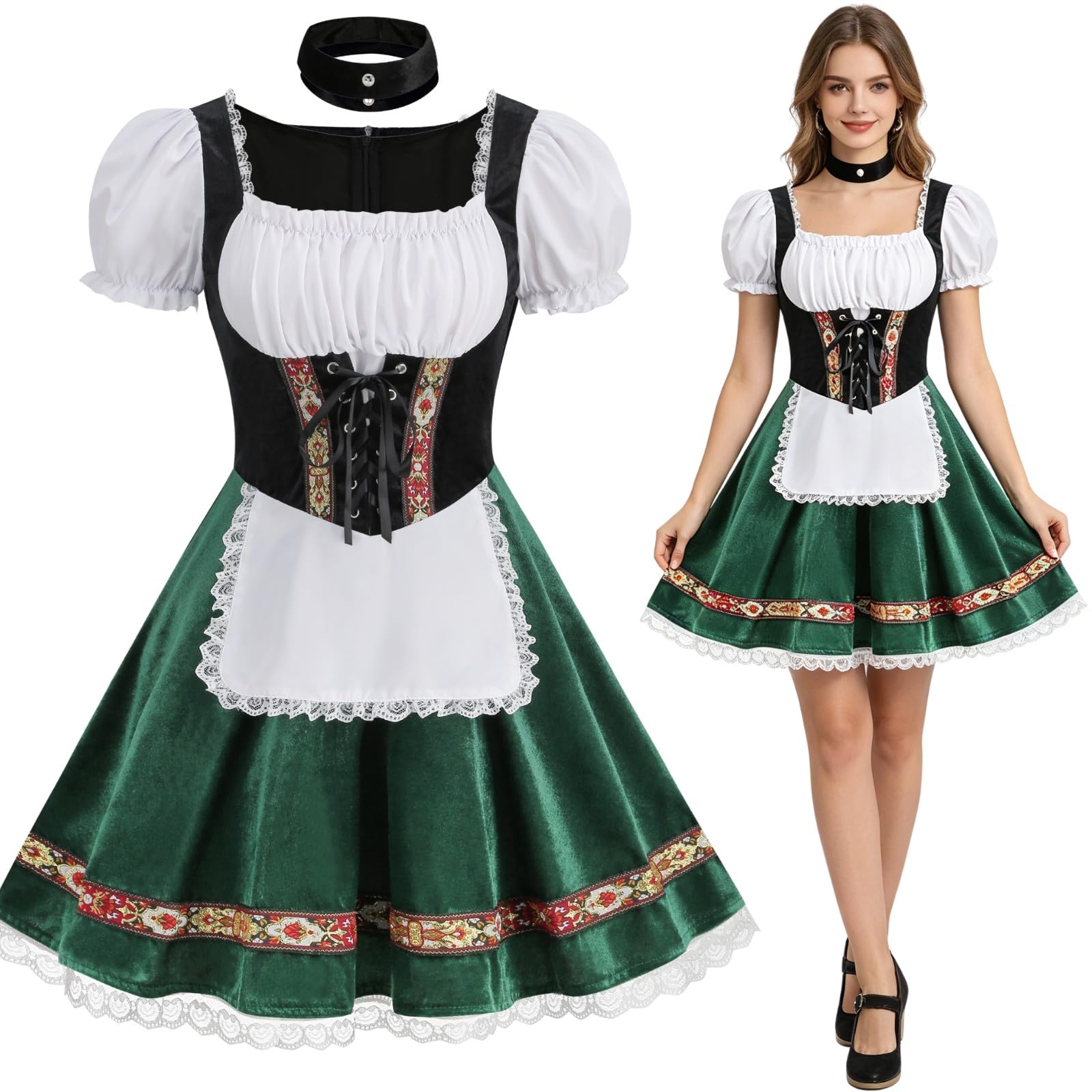 HAPNBCELE Oktoberfest Costume for Womens, German Dirndl Dress Puff-Sleeves Traditional Bavarian Carnival Halloween Outfits (Green, Medium)