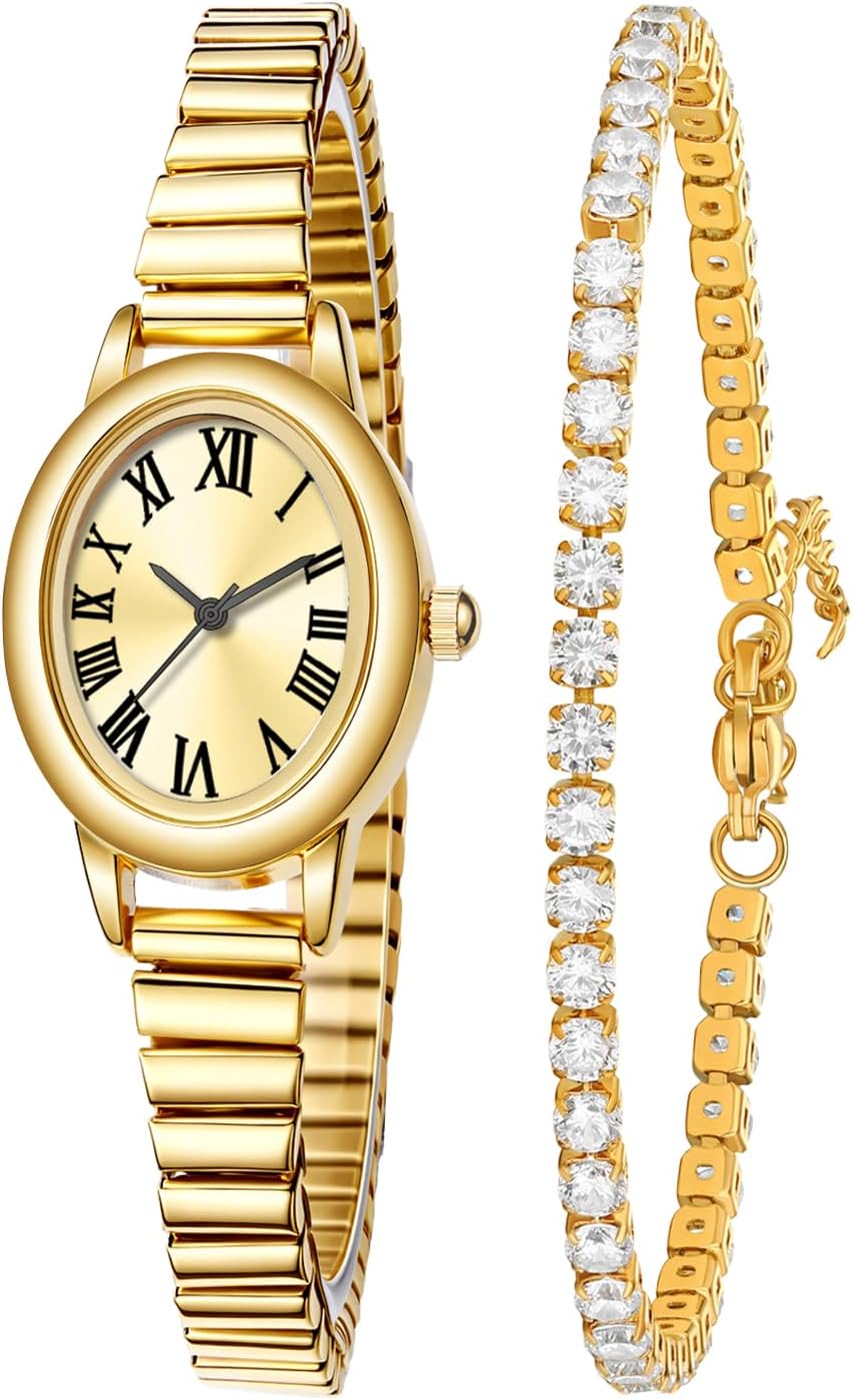 Gosasa Small Gold-Tone Watches and Bracelet Set for Women Easy Reader Oval Roman Numeral Dial with Stainless Steel Expansion Band, Vintage Elegant Ladies Watch Set (2 Sizes)