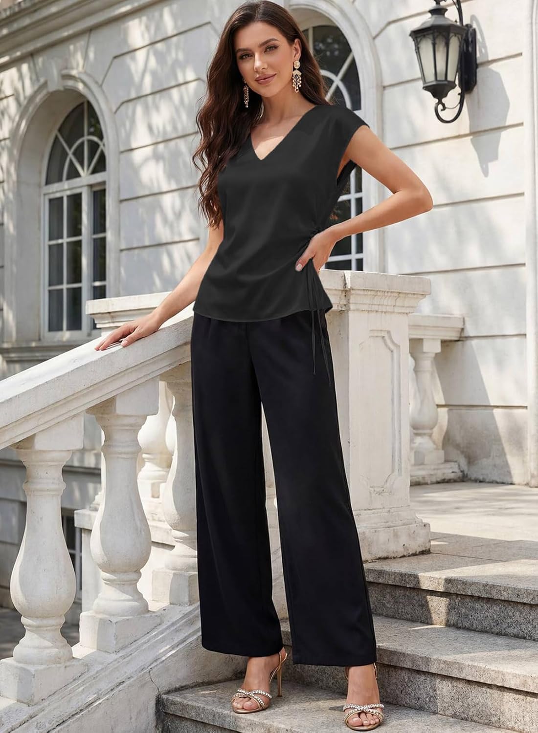 EVALESS Satin Blouses for Women Dressy Casual Silk V Neck Cap Sleeve Pleated Shirts Business Work Tops - Image 6