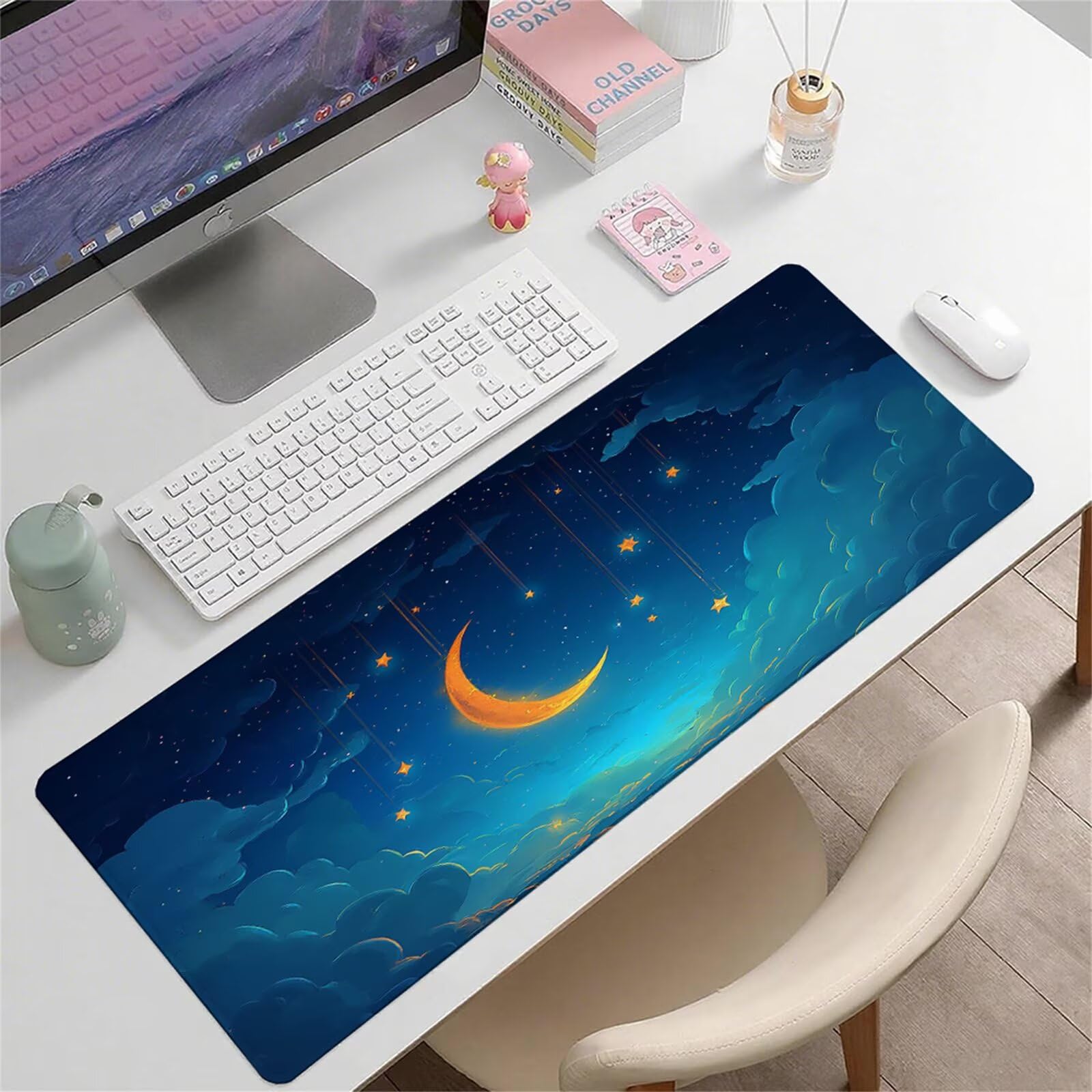 Niebieska podkładka pod mysz XXL 1400 x 600 x 3 mm księżyc pod ręką akcesoria biurowe antypoślizgowa gumowa podstawa i szyte krawędzie podkładka pod mysz dla graczy do biura deco, prezenty dla
