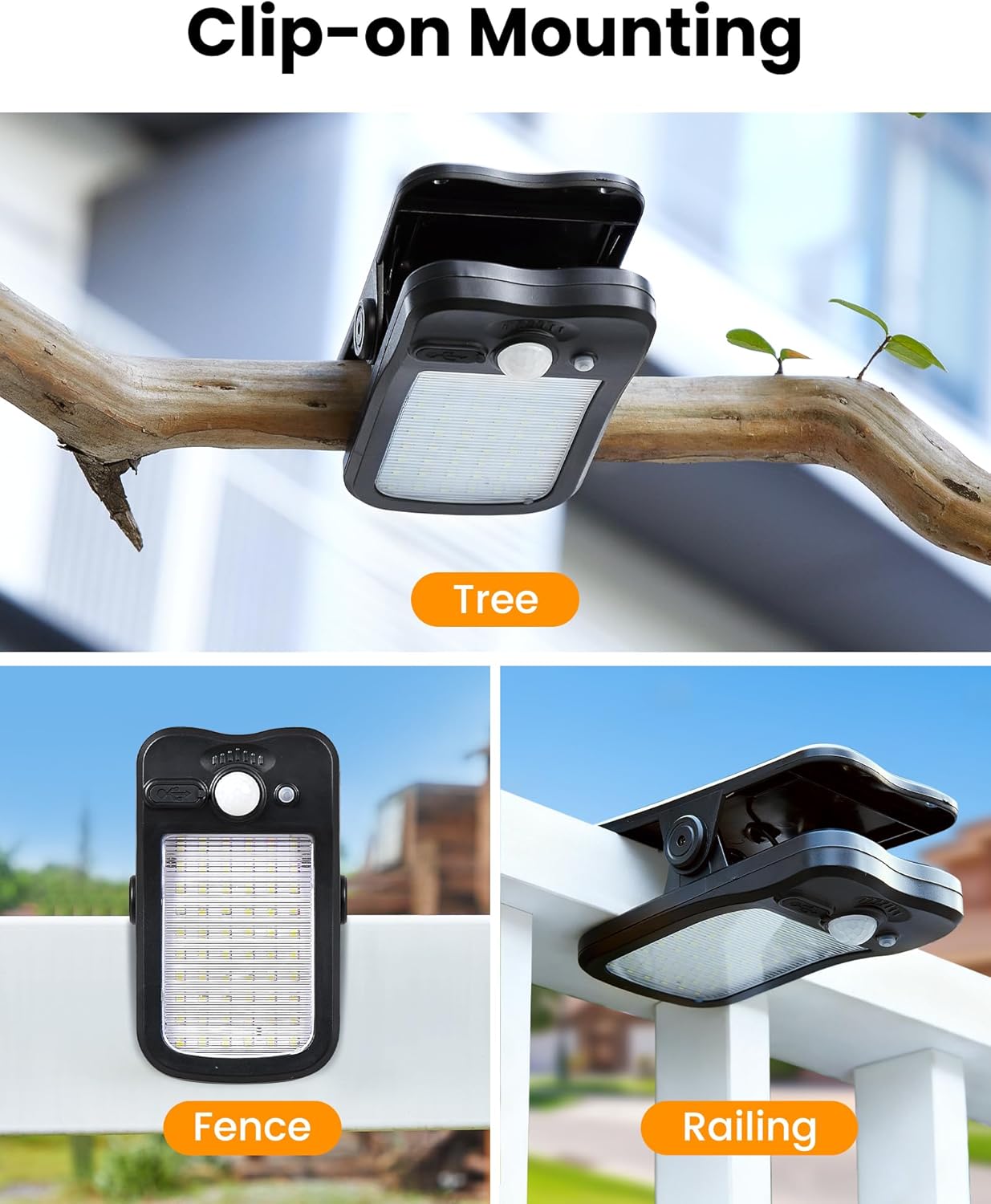 Clip on Solar Lights for Fence, 3 Modes Solar Motion Lights Outdoor Waterproof, 60LEDs 500LM Portable Security Light for Fence, Deck, Garage, Camping, USB Charging, 4 Black