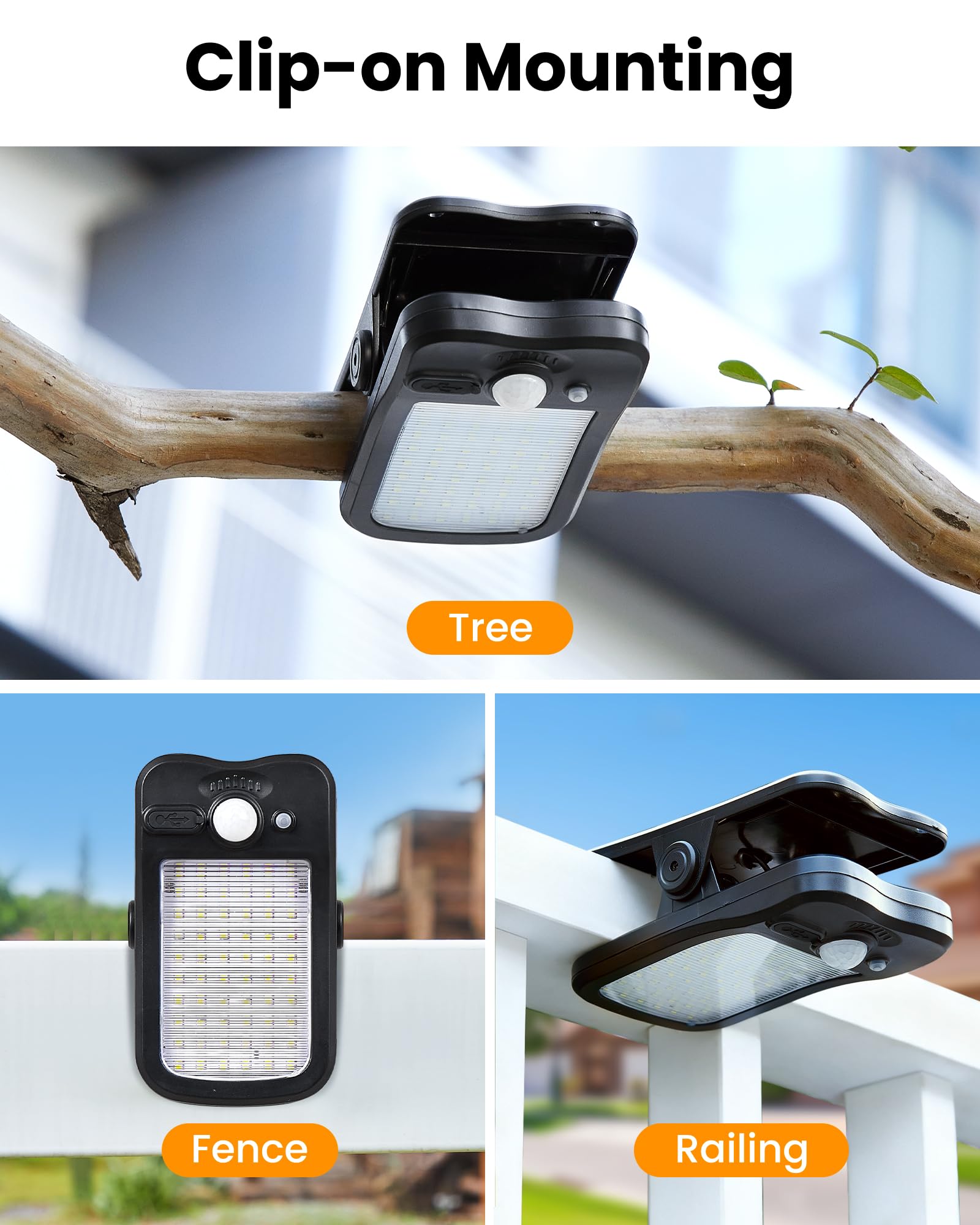 LIFENGSOLAR Solarleuchten zum Anklippen für Zaun, 3 Modi, Solar-Bewegungslichter, Outdoor, wasserdicht, 60 LEDs, 500 lm, tragbares Sicherheitslicht für Zaun, Deck, Garage, Camping, USB-Aufladung, 4
