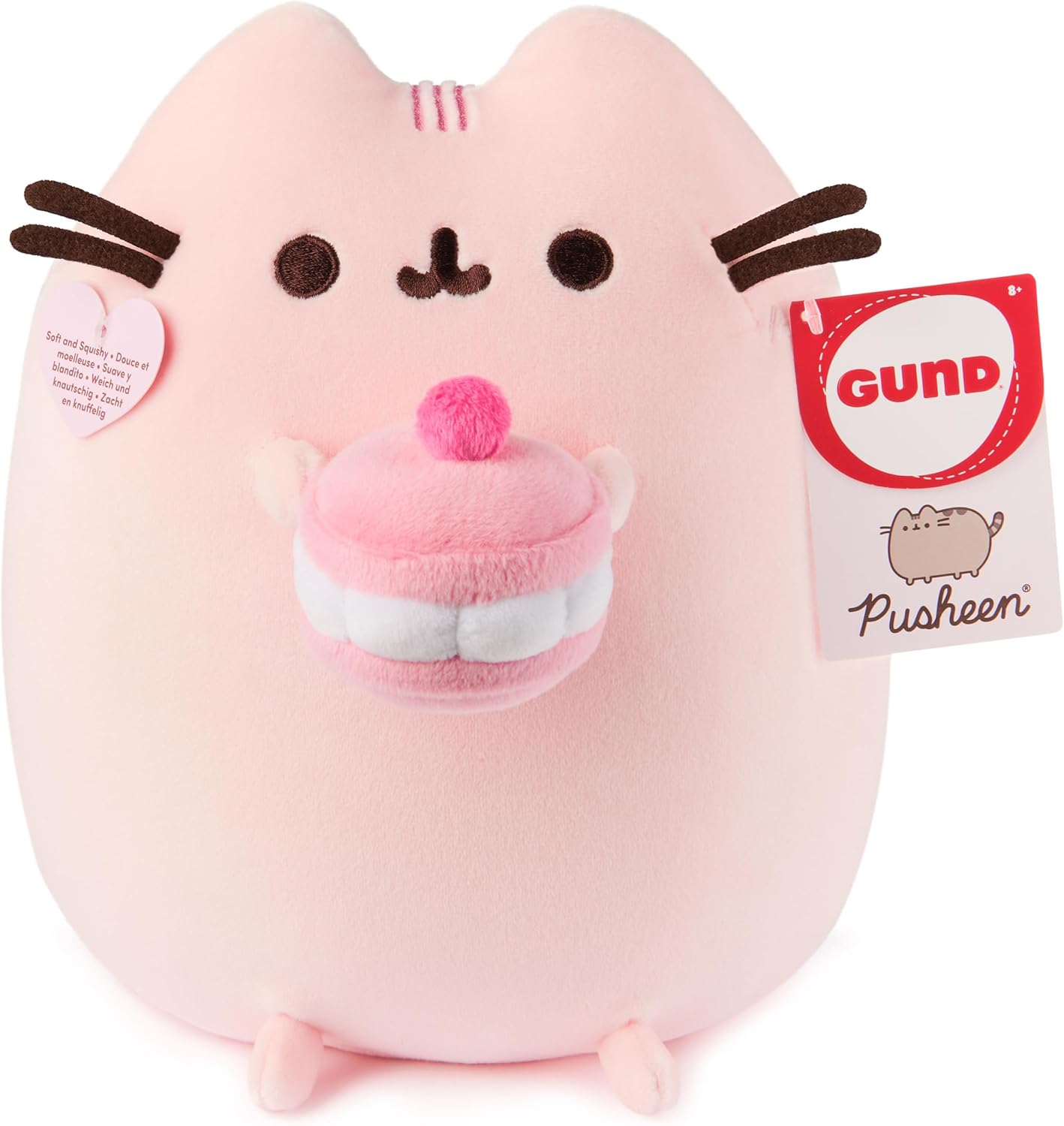 GUND Pusheen Cherry Macaron Squisheen Plush, Squishy Toy, Collectible Dessert Food Toy, Cat Stuffed Animal for Ages 8 and Up, Pink, 9.5”