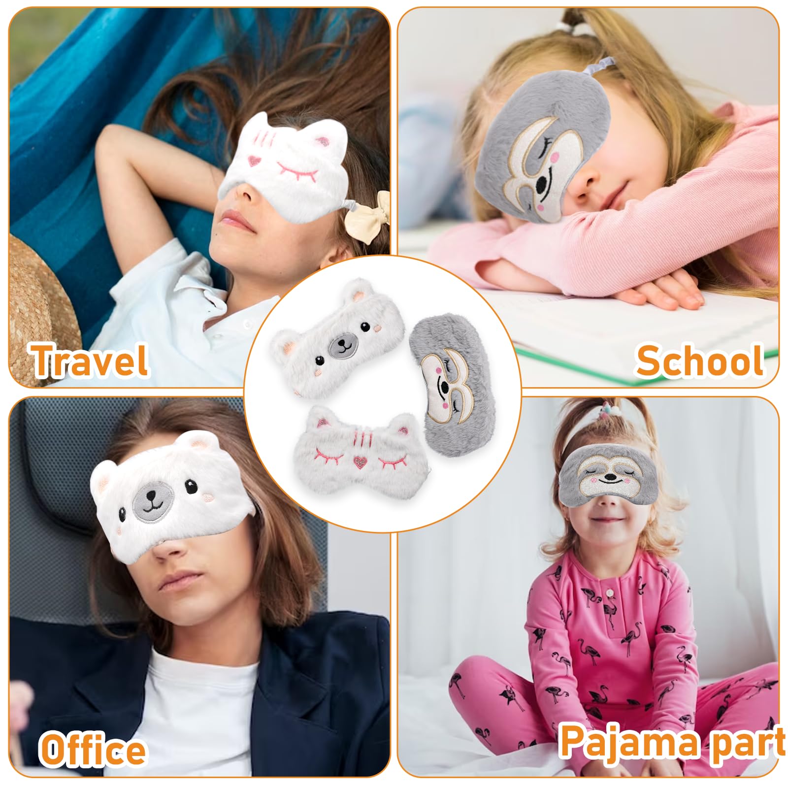 Mascherina per dormire per bambini, 3 pezzi simpatici animali che dormono maschera per gli occhi, maschera per il viso in peluche, maschera per gli occhi per dormire da viaggio, aiuto per dormire