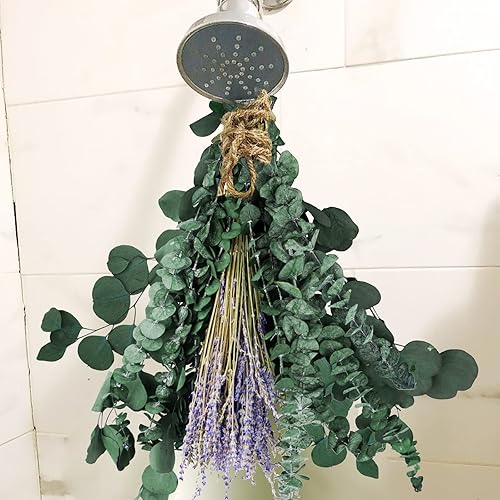Miniatura 8 de Paquete de 12 tallos de eucalipto secos y flores de lavanda para ducha, hojas de eucalipto secas naturales de 17 pulgadas, ramas, tallos verdes y
