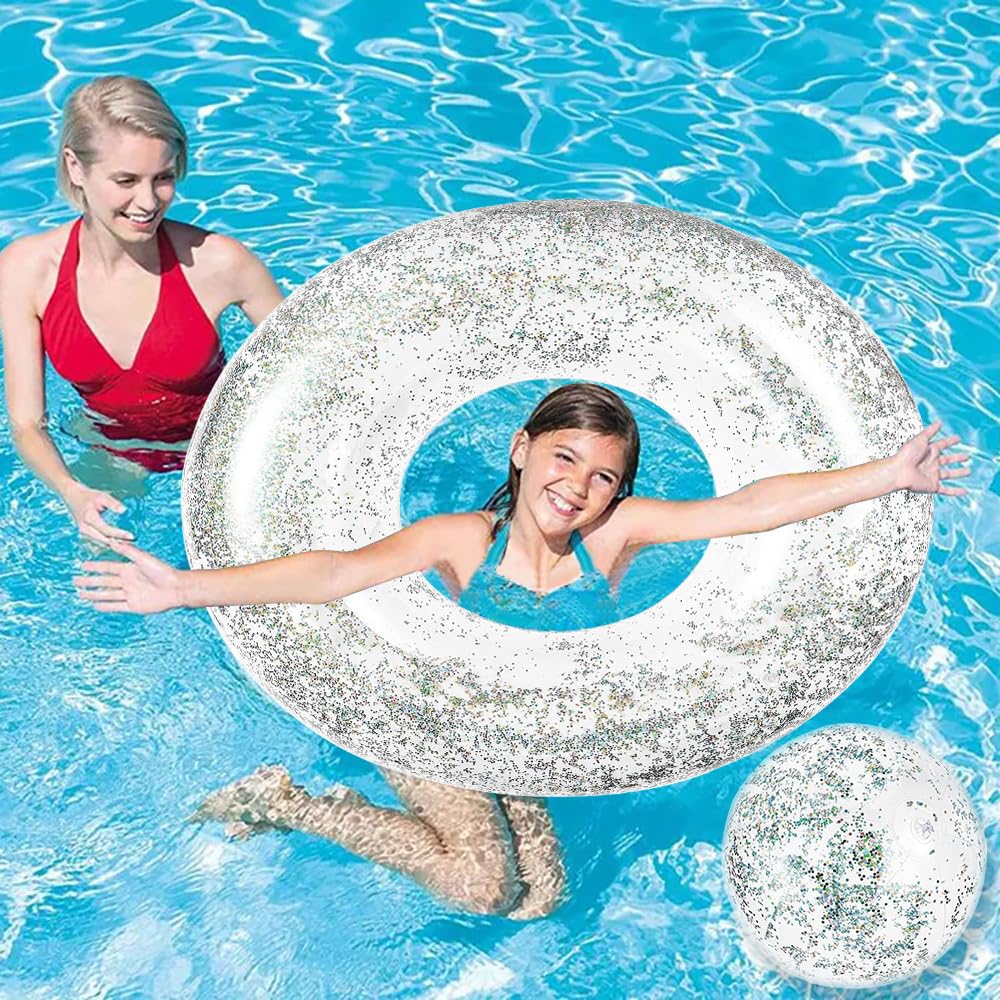Lot De 3 Accessoires Piscine – Matelas Gonflable Pailleté + Bouée + Ballon – Plage, Lac, Piscine – Été – Adulte Et Enfant