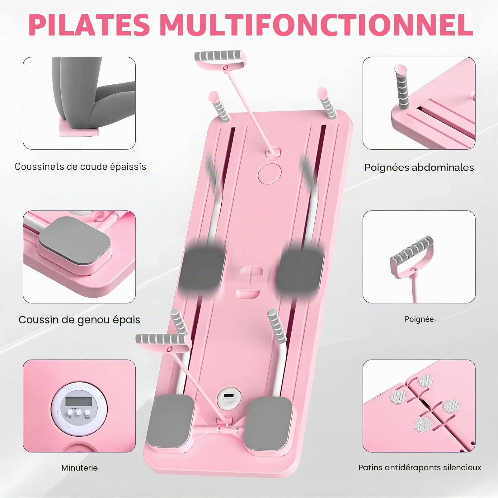 Pilates Reformer Compact, 5 en 1 Pilates Pliable,La Roue Abdominale Push-up rebondit automatiquement Minuterie, AB Roller Fitness Materiel pour la Maison et la Salle de Sport（Rose）