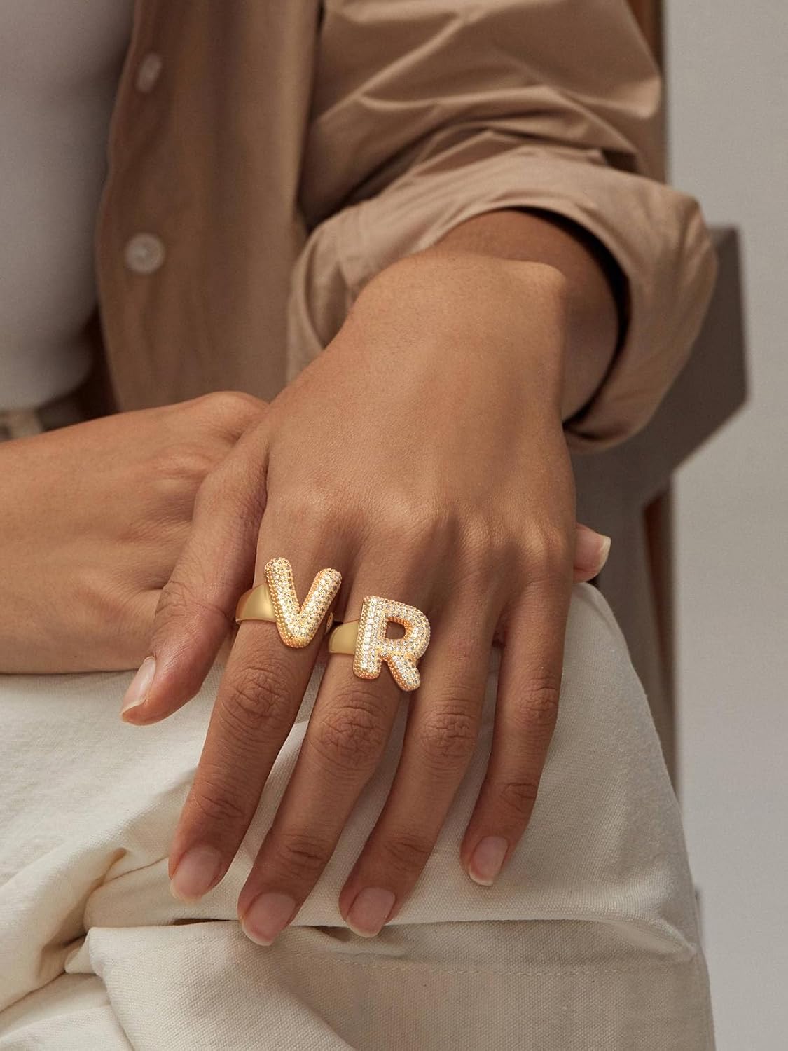 FindChic Initial Ring for Women, Gold Plated Chunky Letter Rings Open Adjustable Trendy Sparkling Cubic Zirconia Personalized Statement Rings Jewelry Gift - Image 3