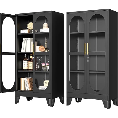 PAOFIN 61" H Locking Display Cabinet with Glass Door, Metal Cabinets with 3 Adjustable Shelves, Cabinet Display Case for Living Room, Collectibles, Clinic, Home - Assembly Required Black