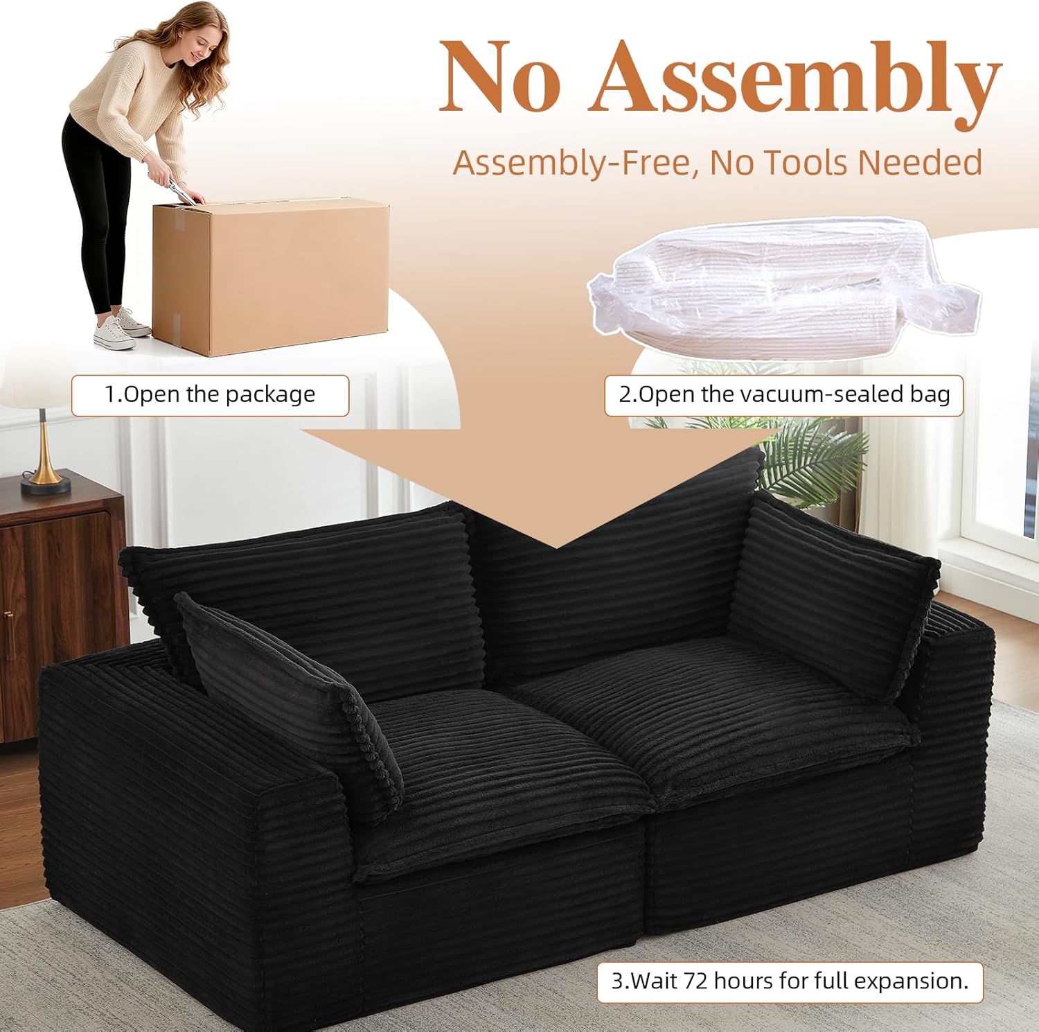 Convertible Modular Sectional Cloud Couch, Comfy Corduroy Loveseat Boneless Couches with Deep Seat, Modern Upholstered 2 Seater Sofa with Ottoman for Living Room (Black, Loveseat)