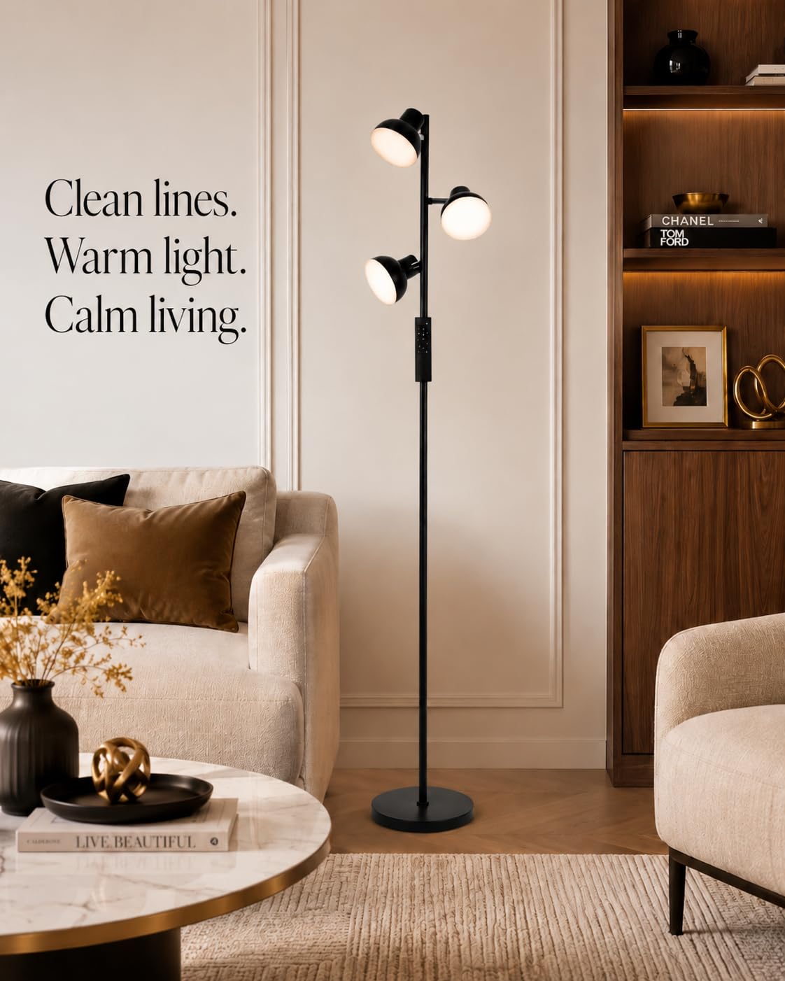 Lampada da Terra a 3 Teste per Soggiorno, LED 36W Dimmerabile con Telecomando e Controllo Touch, Temperatura Colore 2700K–6500K, Lampada Moderna da Lettura per Camera e Ufficio AVEN FL08