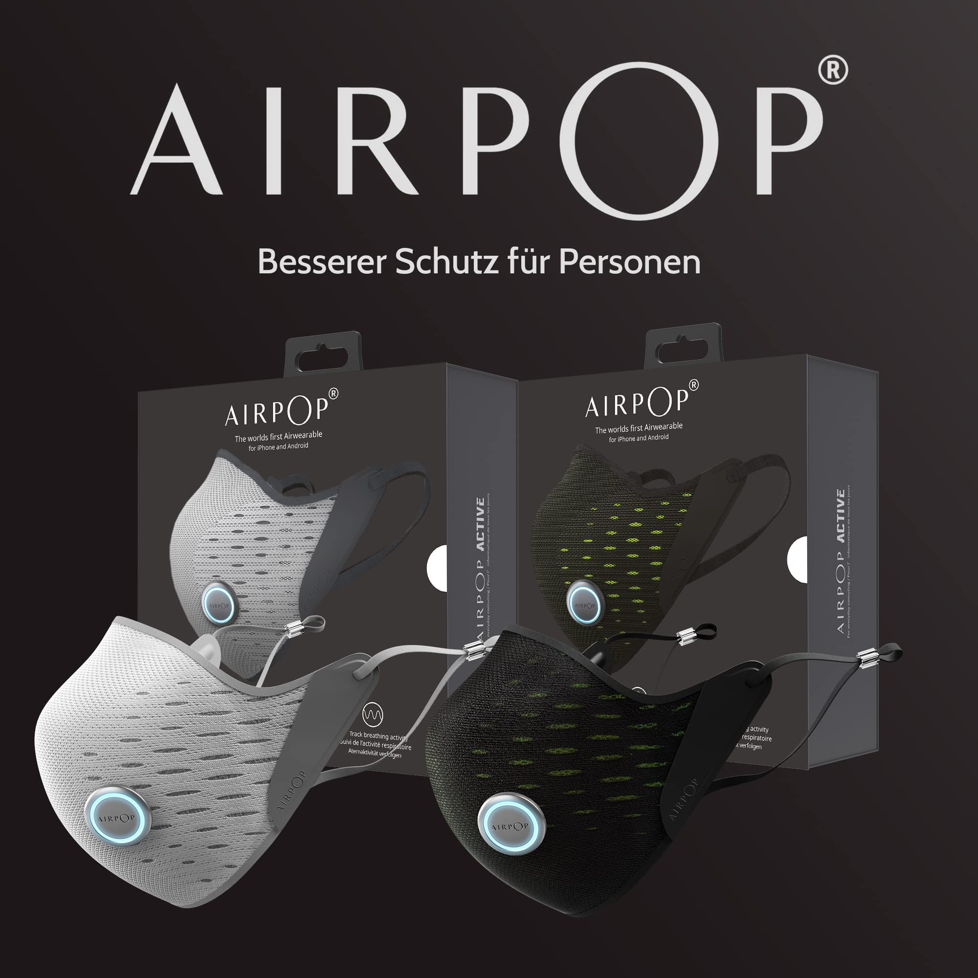 AIRPOP Active+ Halo Gesichtsmaske Wiederverwendbar & Waschbar, Sensor für Luftqualität und Atmung, 4 Filter, 160 Stunden Tragezeit, Atmungsaktiver Gesichtsschutz, Kompatibel mit IOS-App, Schwarz/Gelb