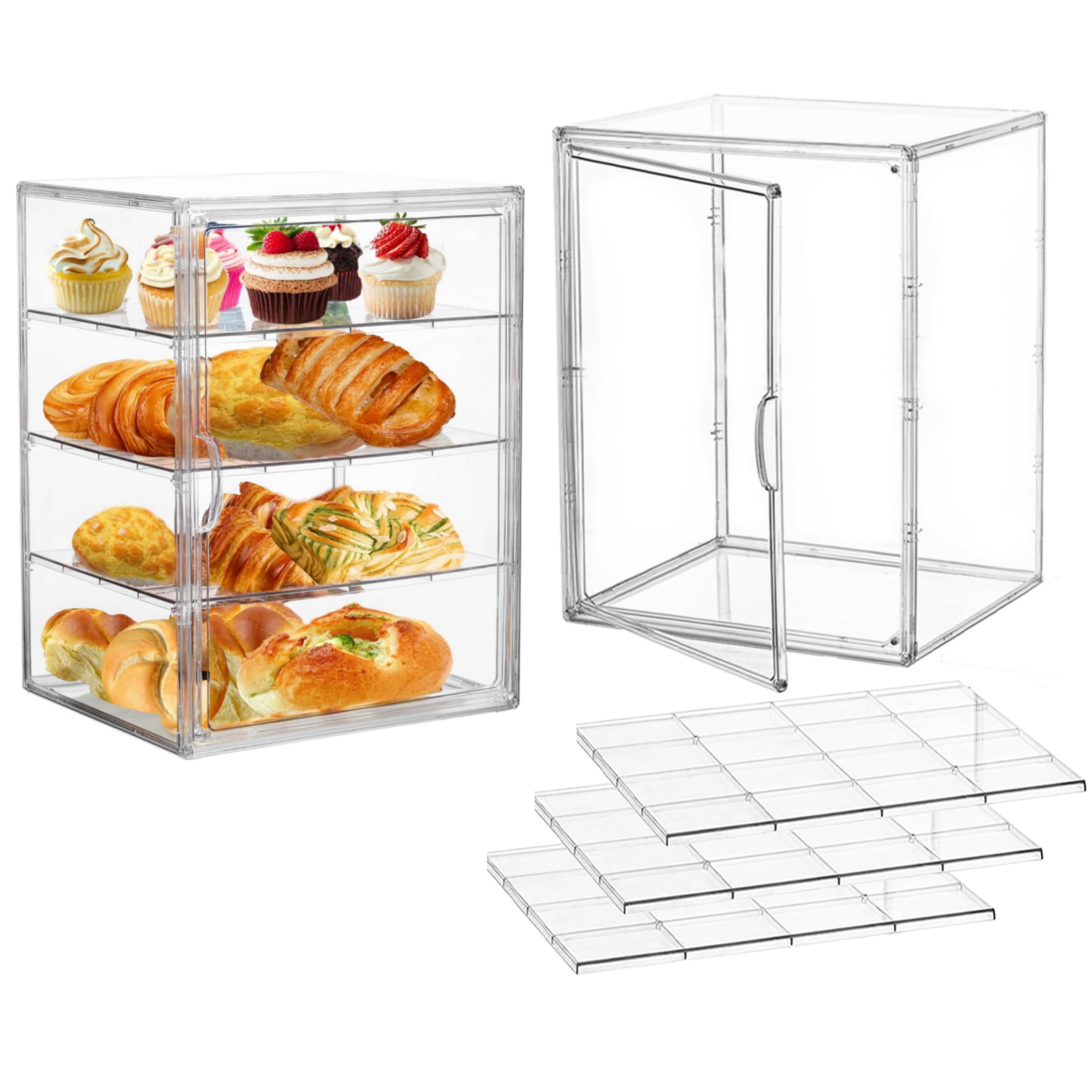 Attelite Pastry Display Case,2 Pack 4 Layers Adjustable Clear Bread Box for Kitchen Countertop,Bread Storage with Magnetic Door Bakery Pastry Display15.5x11.4x9.8inch