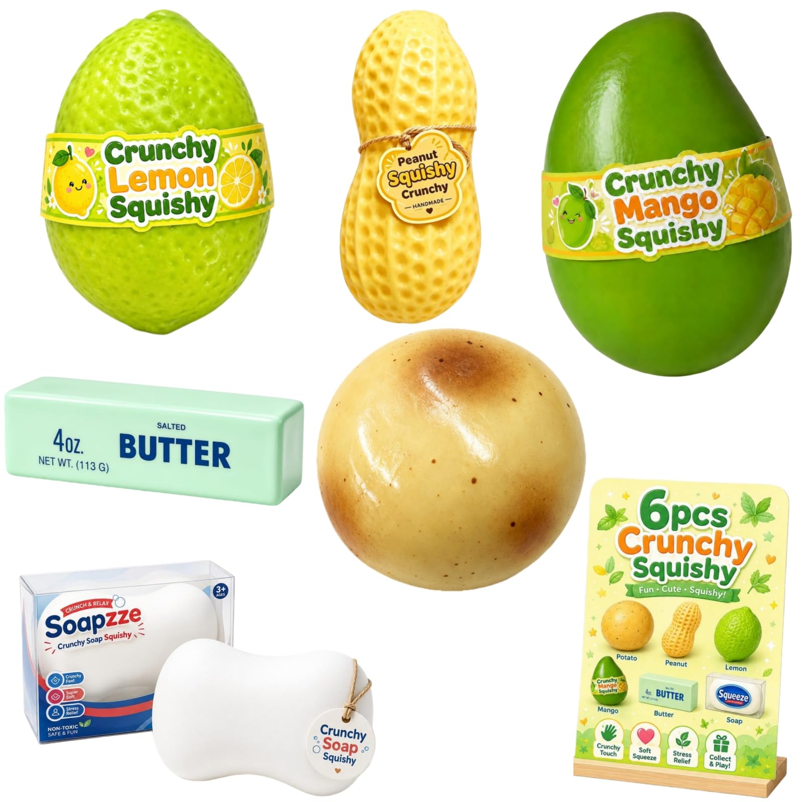 6 PCS Crunchy Squishy Butter Mango Peanut Soap Pudding Potato Stress Ball Set, ASMR Bead Filled Slow Rising Realistic Shape Squeeze, Textured Sensory Ball for Anxiety Management Party Favors (B) — image 1