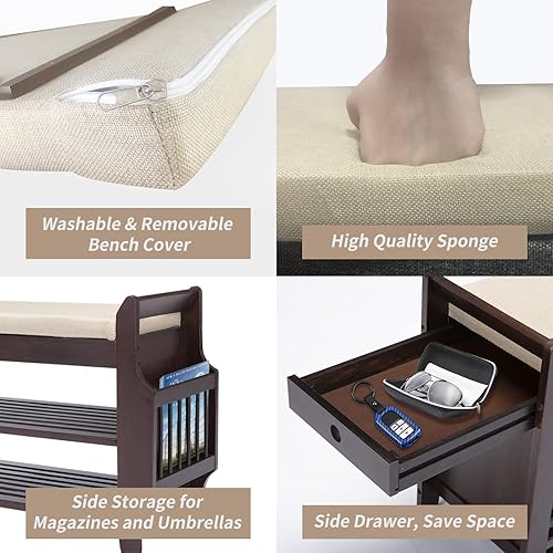 Miniatura 32 de Banco de zapatos de bambú con 3 ganchos laterales, cojín gris extraíble, almacenamiento de zapatos de entrada de 2 niveles, 37.4 x 11.4 x 19.3