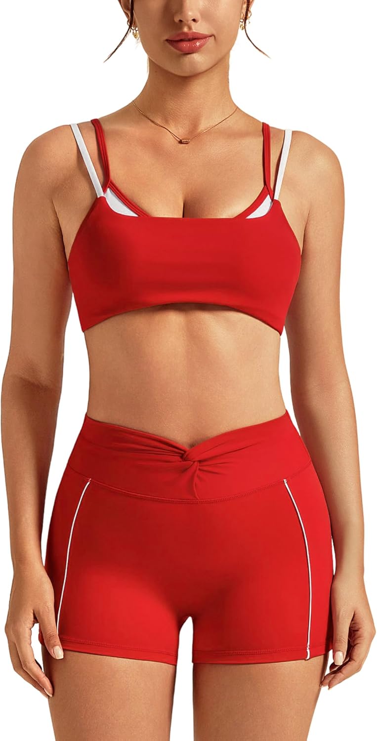 ABOCIW Workout Sets for Women 2 Piece Twist Back Layered Sports Bra Mini Shorts Yoga Pilates Outfits Active Wear