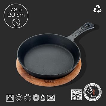 Cast Iron Frying Pan with Lava Wood Handle, Round, Suitable for All Stoves Including Induction