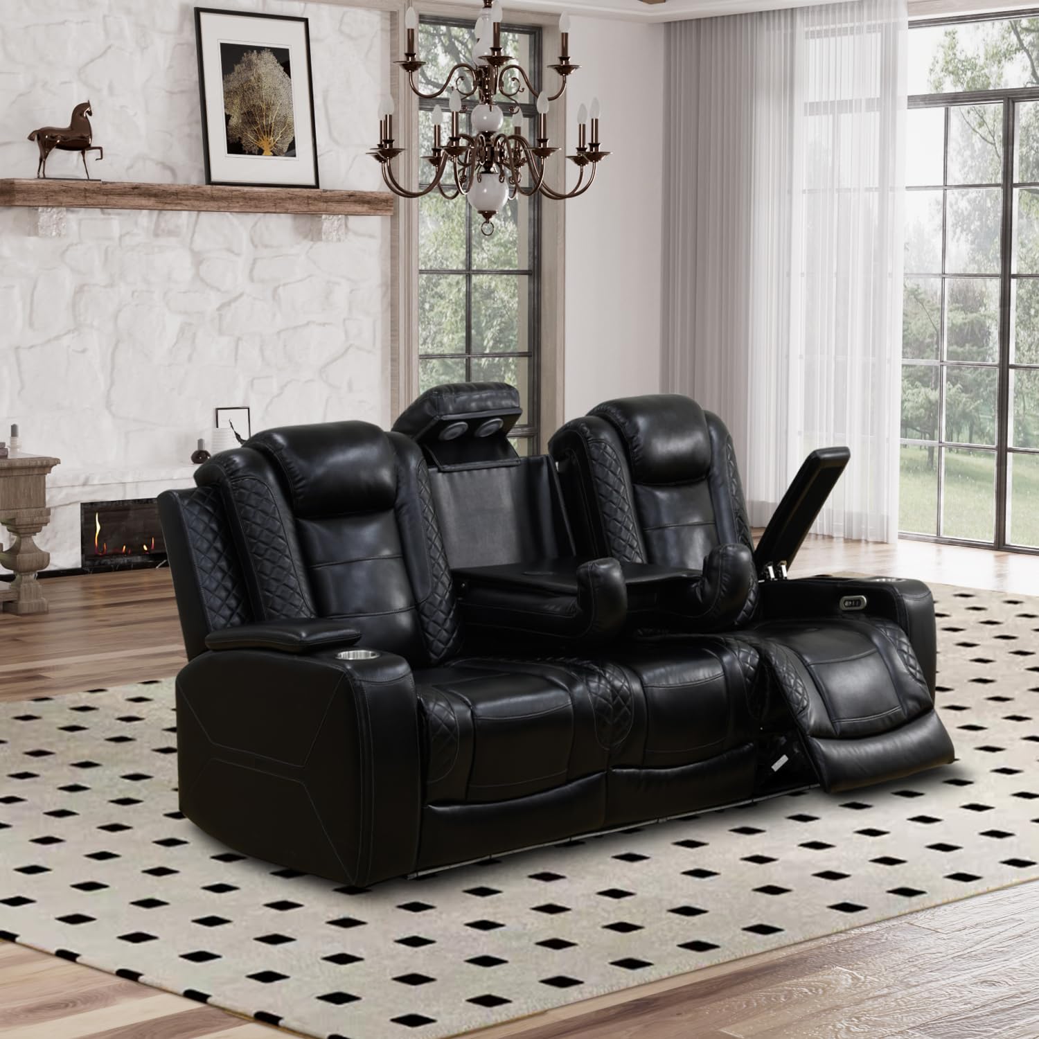 GEBADOL Power Recliner Sofa Set, Breathing Leather Sofa Set with Storage Console/Cup Holders/USB Ports, Leather Reclining Couch Set for Living Room (