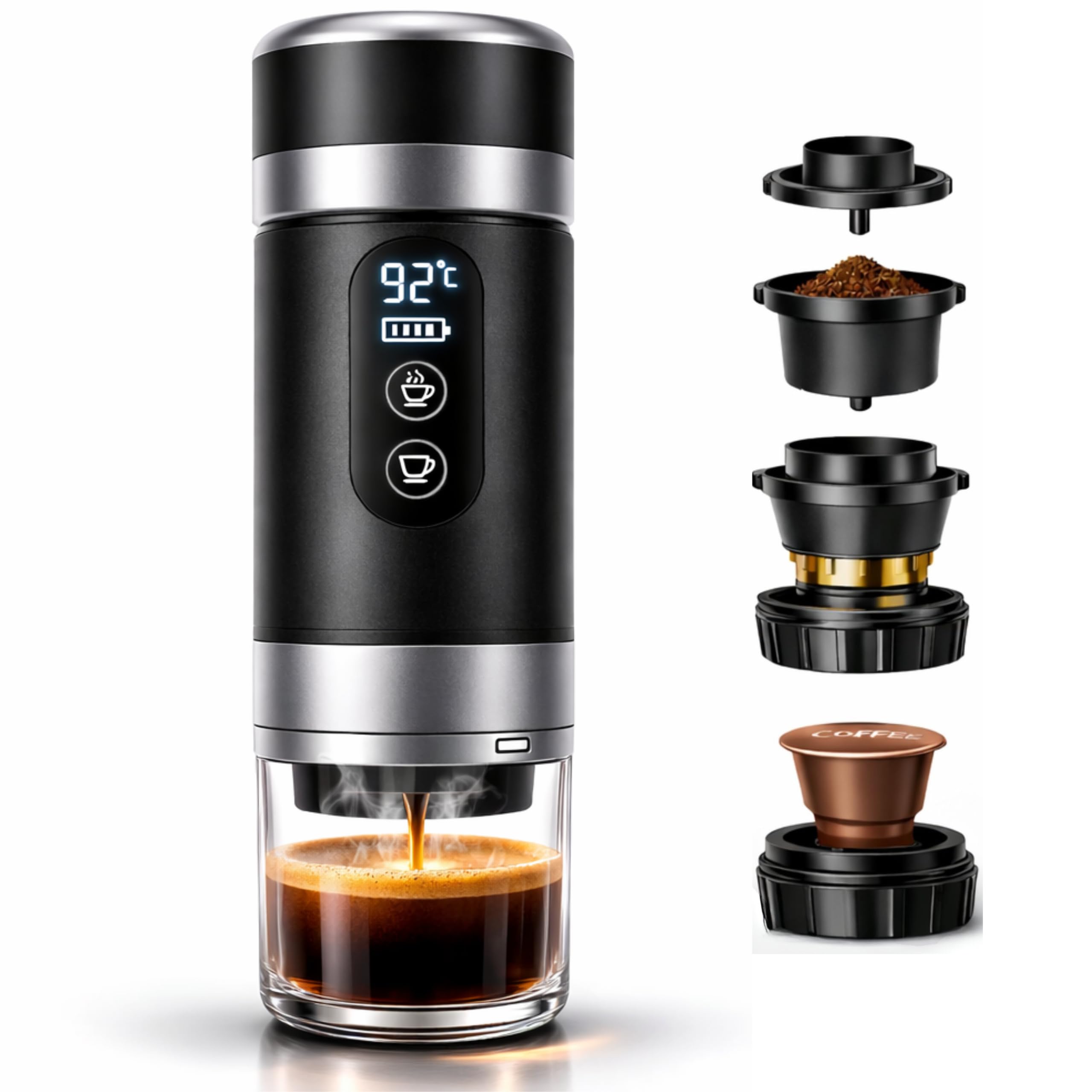 Cafetera Portatil Capsulas compatible Nespresso Dolce Gusto y Café Molido - Versión Mejorada 2026 - Coffe Machine - Maquina de Cafe Portátil Multicapsulas Universal 20 BAR Con Pantalla LED y 80ml