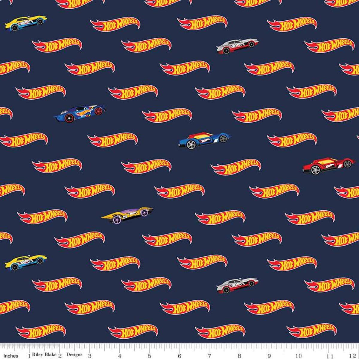 Fat Quarter Hot Wheels Cars Logo Navy 100% Cotton Fabric Riley Blake