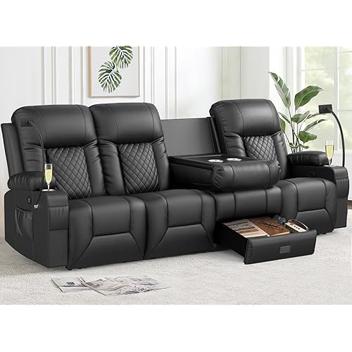 Recliner Sofa, 4 Seater Dual Reclining Sofa with Flip Back Console, Modern PU Leather Recliner Couch for Living Room/RV, with Storage Drawer, USB Ports, Cup Holder, Cell Phone Holder, Black