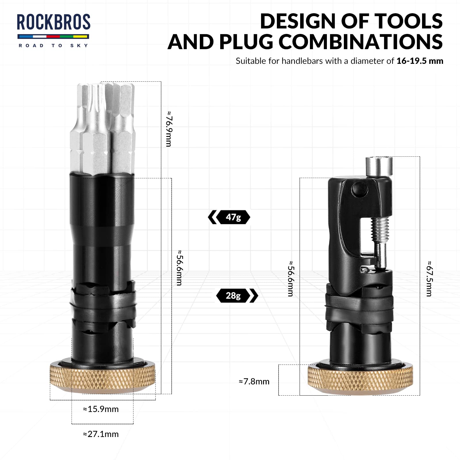 ROCKBROS Road to Sky Multifunktionswerkzeug Fahrrad als Lenkerstopfen | Multitool 5 in 1 Reparatur Set Werkzeug mit Kettentrenner, Endkappe für Rennrad, MTB, BMX