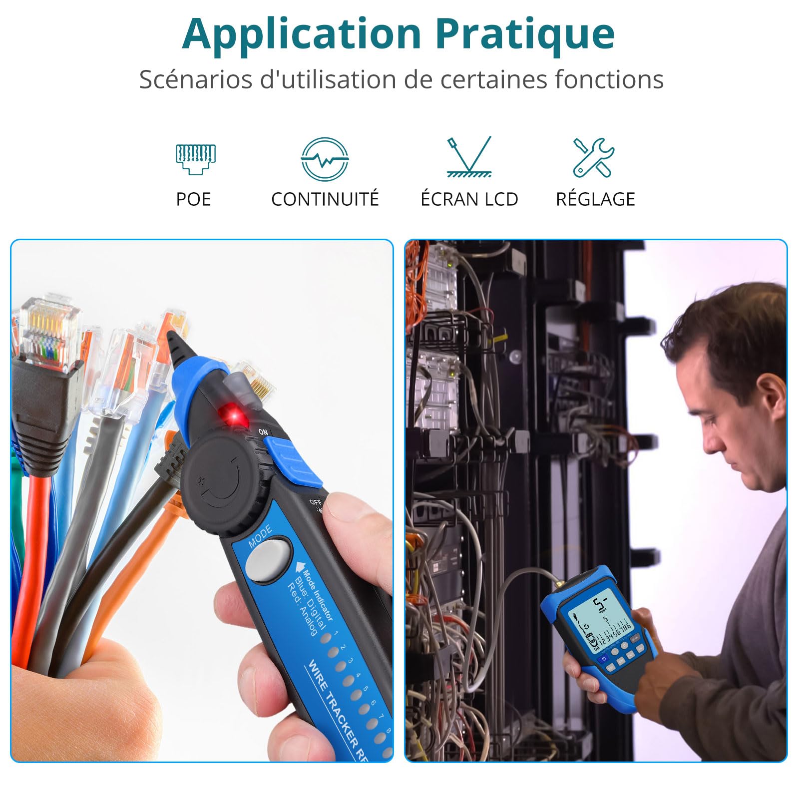 Testeur de Câble Réseau RJ45 Testeur de Câble Réseau à Deux Modes avec Fonction PoE Testeur de Ligne Ethernet avec Écran LCD et Sac de Rangement Traqueur de Fil Multifonction