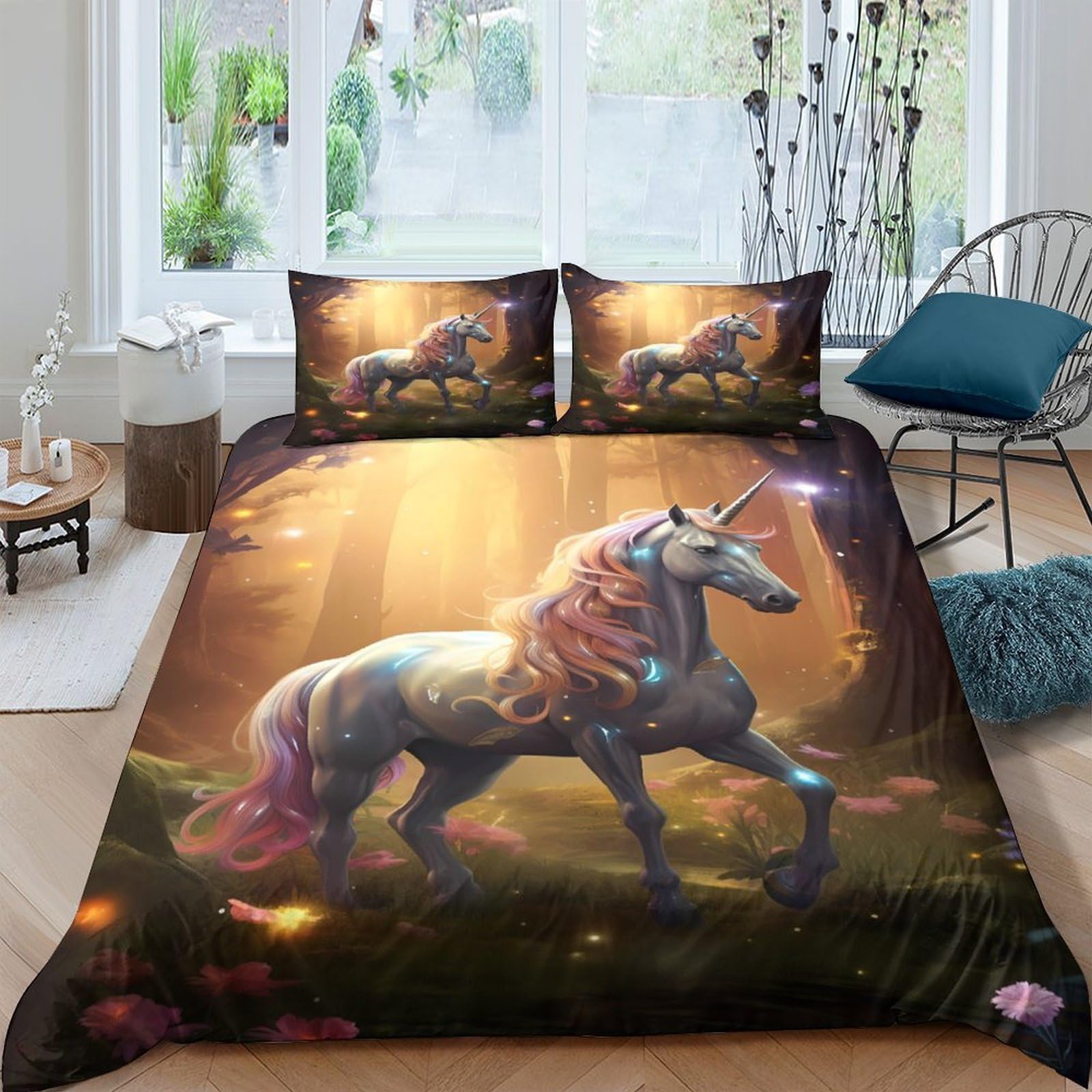 Ctjqhvkz Style-4 3D Printed Fantasy Forest Unicorn Fitted Sheet Microfiber Soft Breathable Magic Horse Mattress Cover For Bedroom Decor Single（135X200cm）