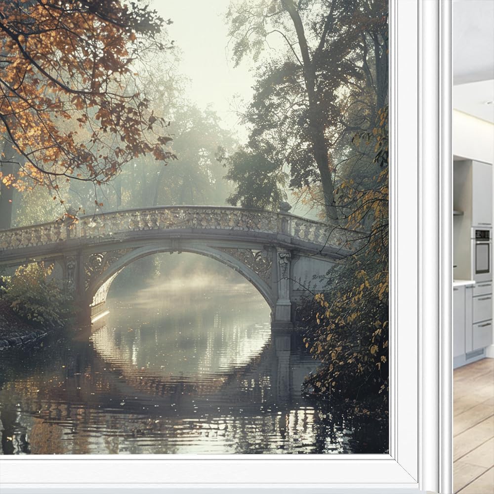 Fyfmushe Vintage Stone Bridge Window Film Privacy Modern Autumn Nature Woods Landscape Decorative Stained Static Cling Window Sticker For Home, 70X100 Cm