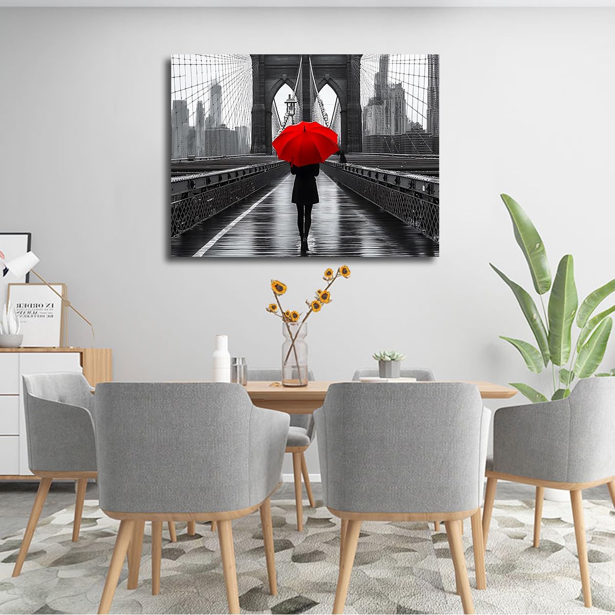 SHENGPOSTER Nowoczesny miejski plakat sztuka ścienna czerwony parasol wydruki na płótnie pieszy i most dekoracja ścienna czerwono-czarno-szary do salonu biuro wnętrze 32 x 42 cm