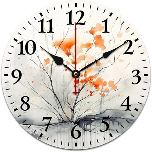 Otoño naranja gris acuarela simple moderno árbol de otoño reloj de pared de madera Acción de Gracias o Halloween cuarzo madera sin tictac sala de