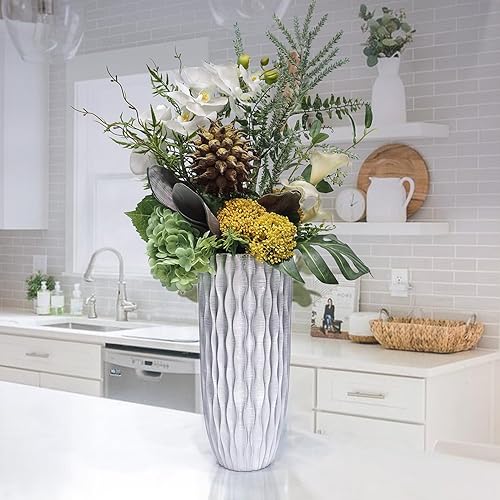 Miniatura 5 de Jarrón plateado hecho a mano con efecto metálico para flores frescas y secas, plantas de 13 pulgadas de alto, elegante patrón nórdico de ondas de