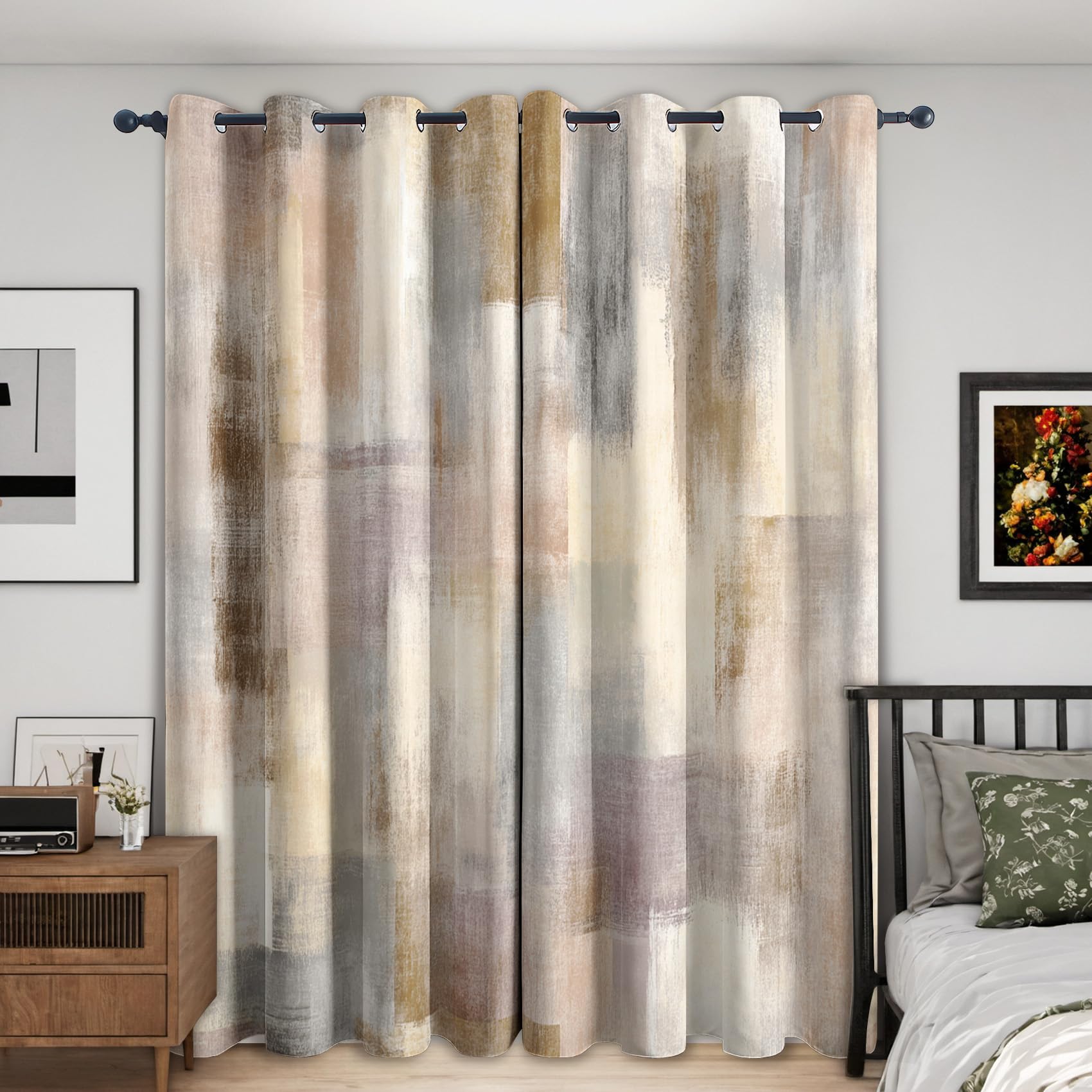 Beige Abstract Blackout Curtains, Modern Contemporary Curtains for Bedroom Living Room, 66x90 Inch Drapes, Eyelet Thermal Window Treatments, 2 Panels O146