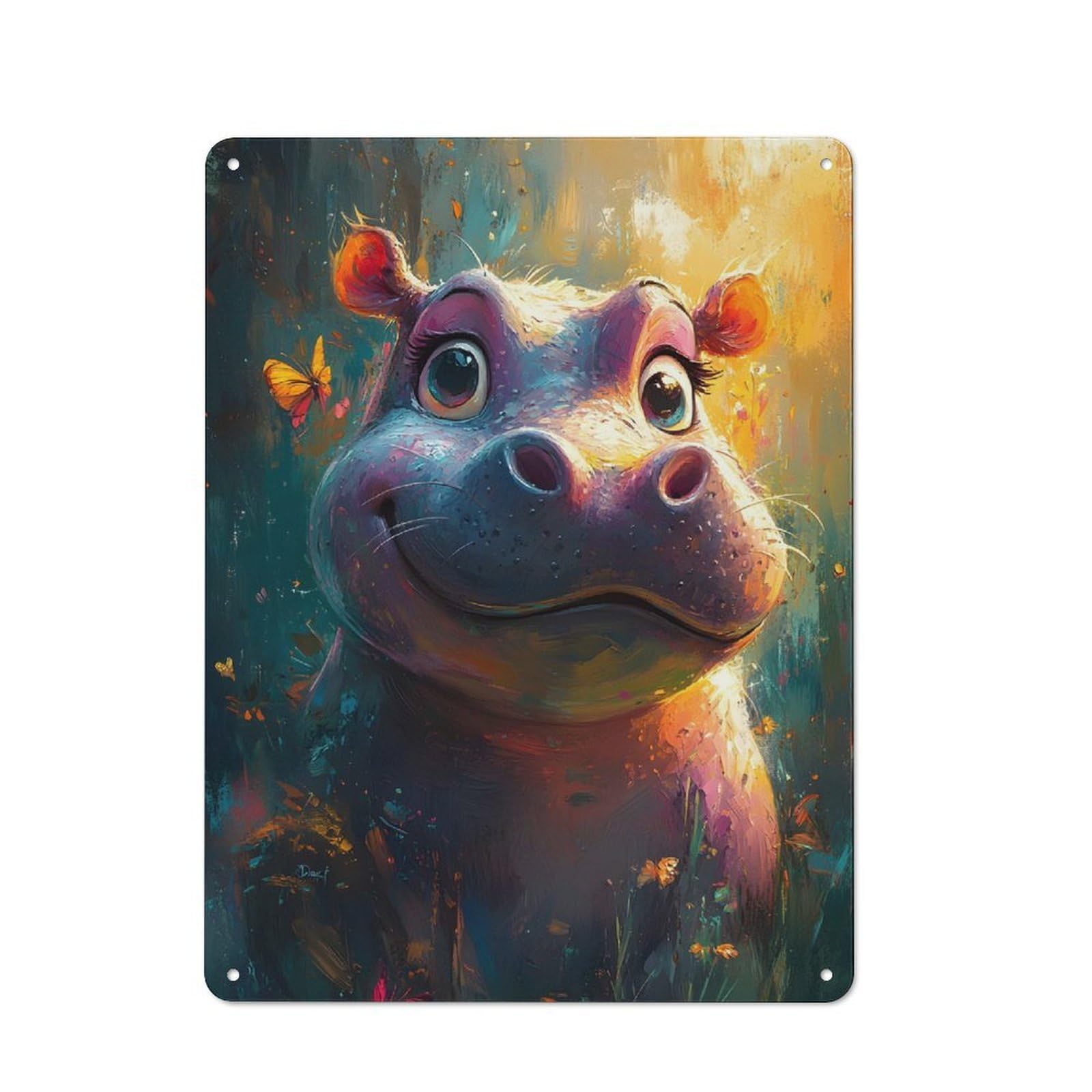 Smiling Hippo with Butterflies Cottage Style Metal Wall Decor 40x30cm, Farmhouse Metal Sign for Farmhouse Kitchen, Pantry Or Dining Area