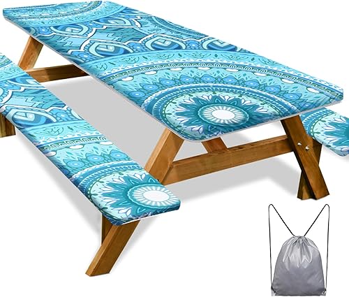 Mantel de mesa de picnic con fundas de banco de 6 pies, 3 piezas, impermeable, resistente al viento, mantel de camping estético con bolsa con