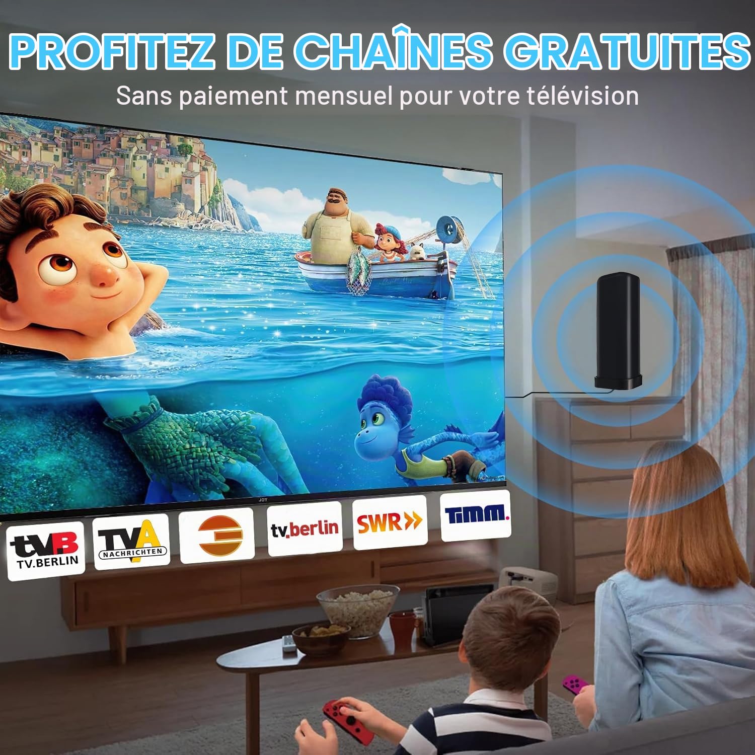 Antenne TV Puissante, Antenne TNT Antifoudre Réception 360° à Câble 13m | Intérieur Extérieure, Amplificateur Signal Booster Intégré, DVB-T DVB-T2 1080P 4K VHF UHF DTMB