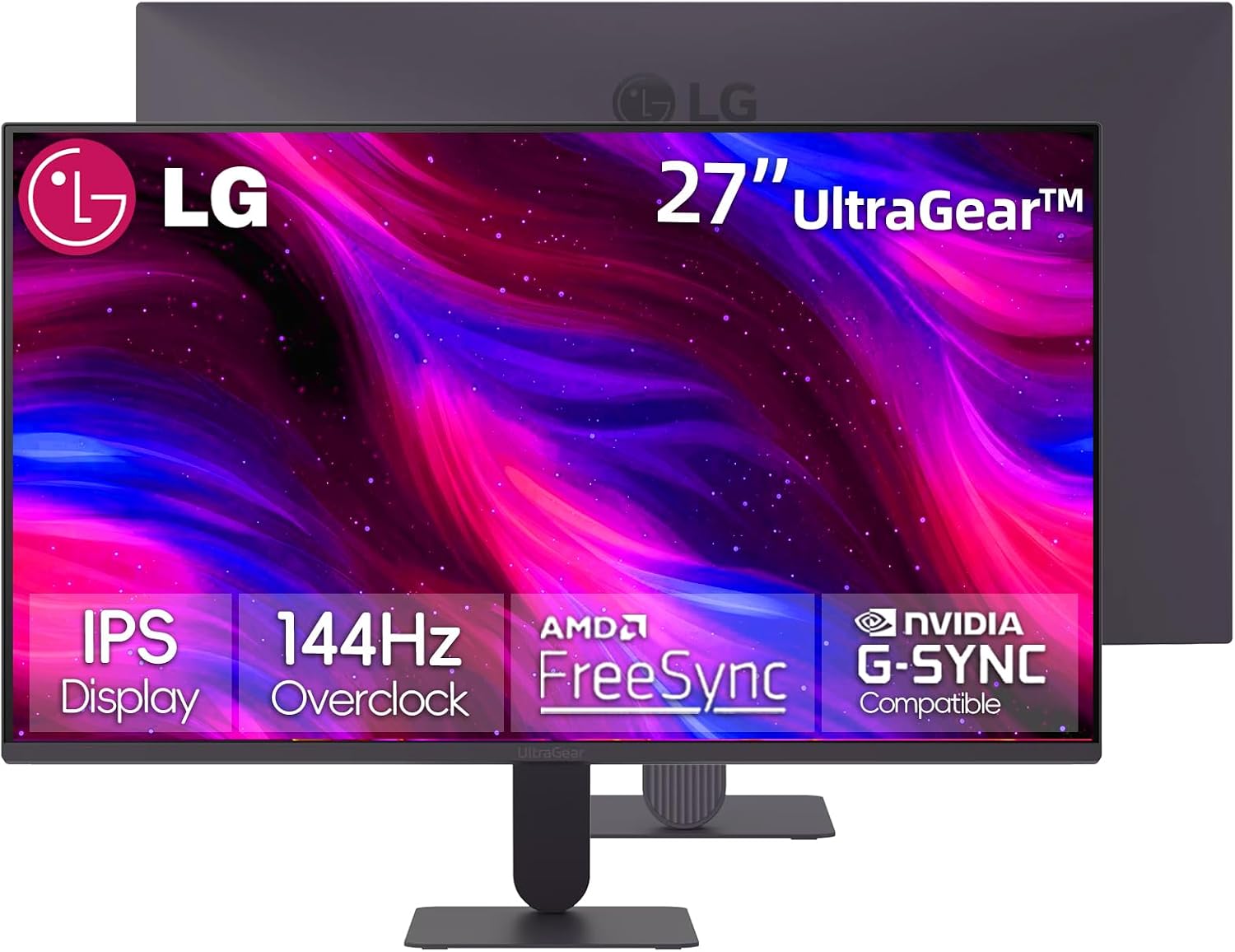 27 inch UltraGear FHD IPS Gaming Monitor, 144Hz, HDR10, AMD FreeSync G-Sync Compatible, Black Stabilizer, Reader Mode, Flicker Safe, Anti-Glare, 99% sRGB, HDMI & DisplayPort, Tilt Adjustable, Black