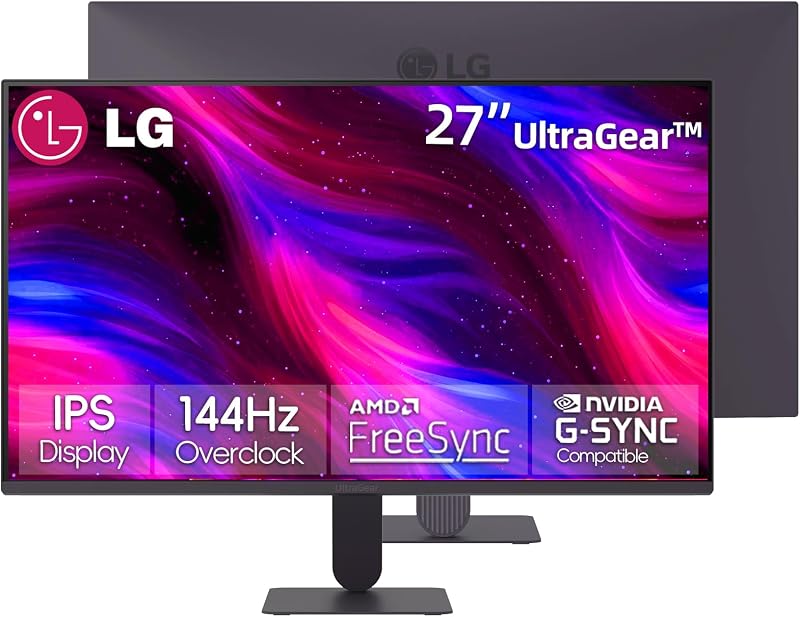 Monitor para juegos LG UltraGear FHD IPS de 27 pulgadas, 144 Hz, HDR10, compatible con AMD FreeSync G-Sync, estabilizador de negro, modo lector, seguro contra parpadeo, antirreflejos, 99 % sRGB, HDMI y DisplayPort, inclinación ajustable, negro