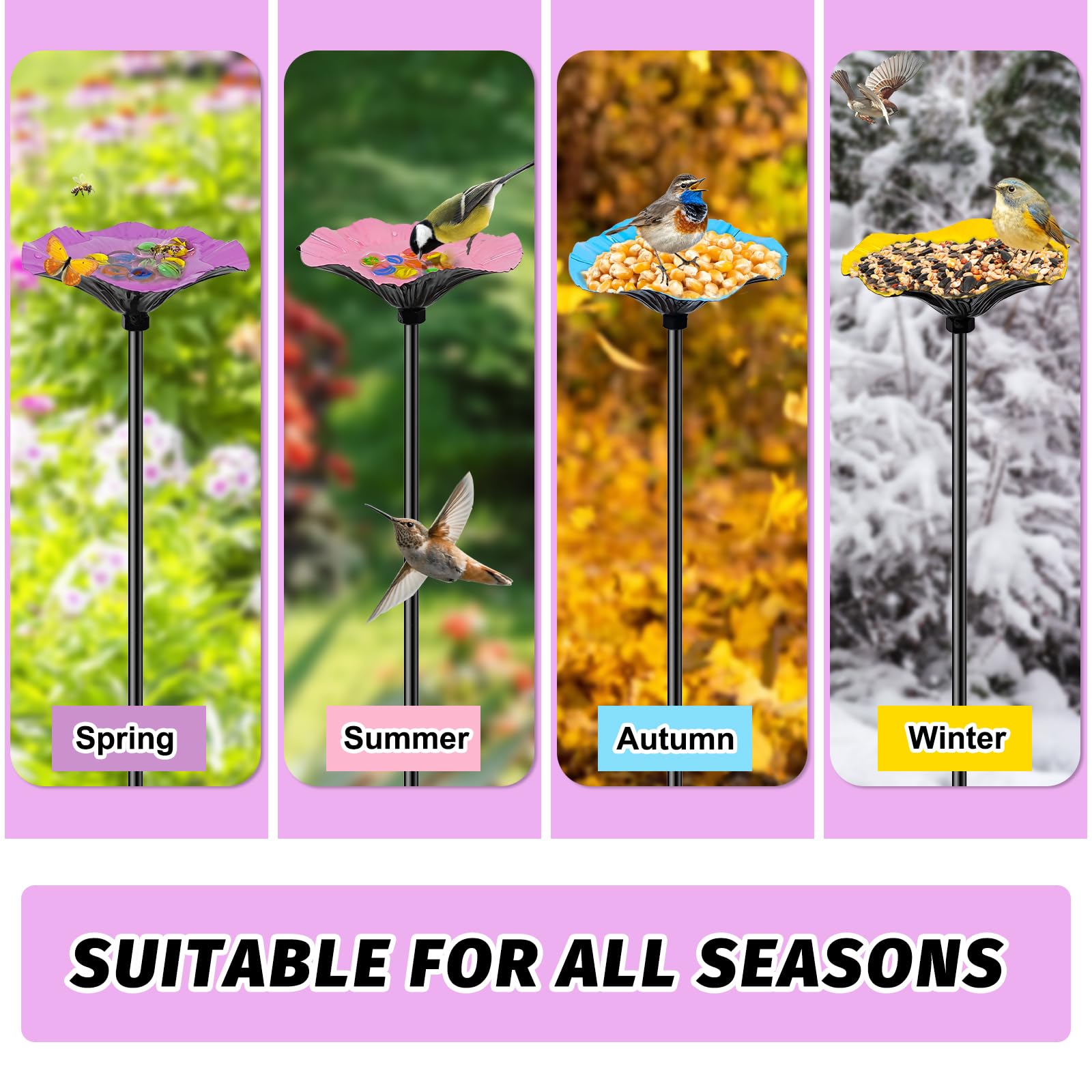 4 Pack Bee Watering Station for Garden, Metal Bee Butterfly Feeder with 40Pcs Glass Marbles, Colorful Butterfly Bee Bath Water Bowl with Flower Design (4 PCS-Blue & Yellow & Pink & Purple) — view 4