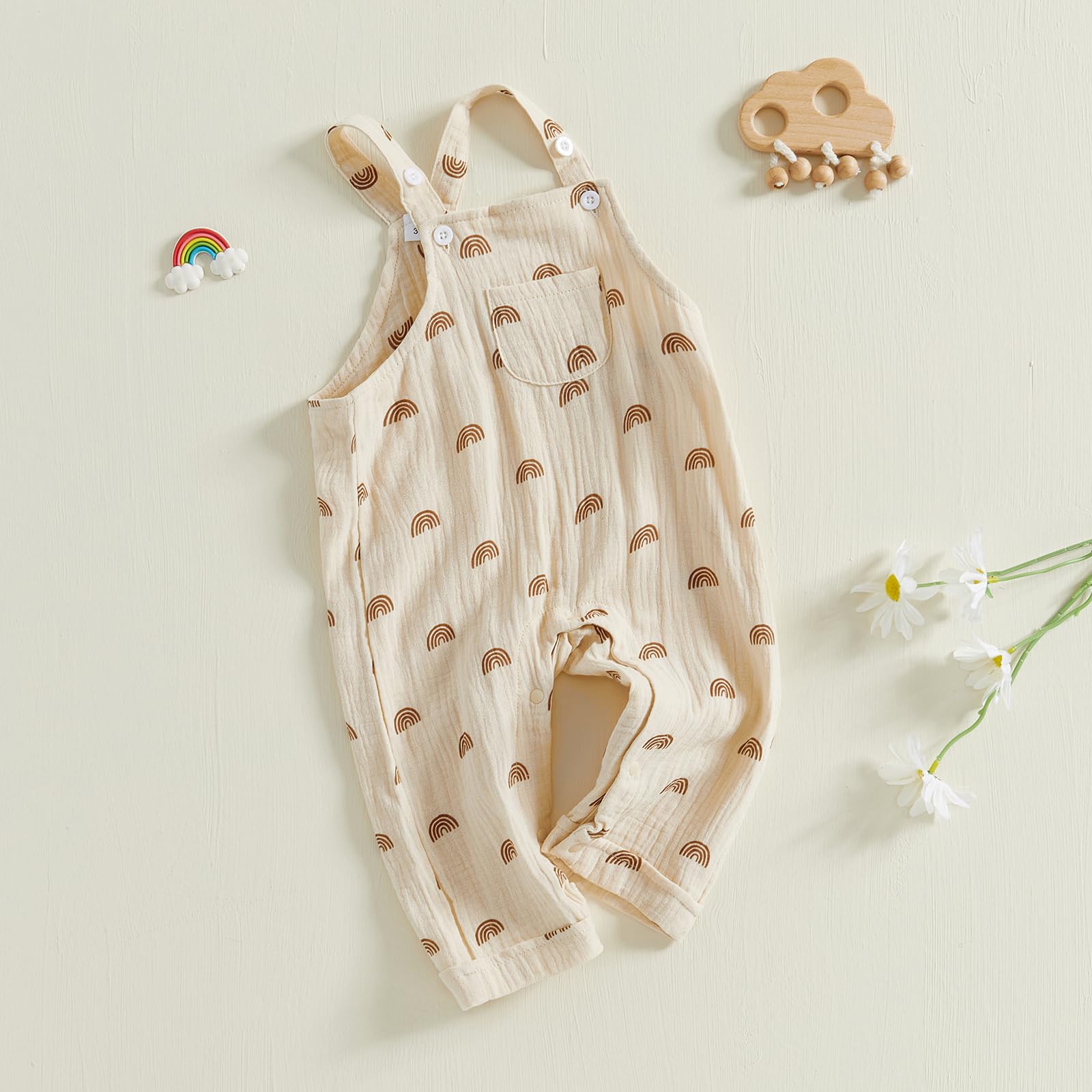 BSaogr Newborn Baby Girls Boys Cotton Gauze Overall Jumpsuit Rainbow Printed Adjustable Suspenders Pants with Front Pocket (Apricot, 12-18 Months)