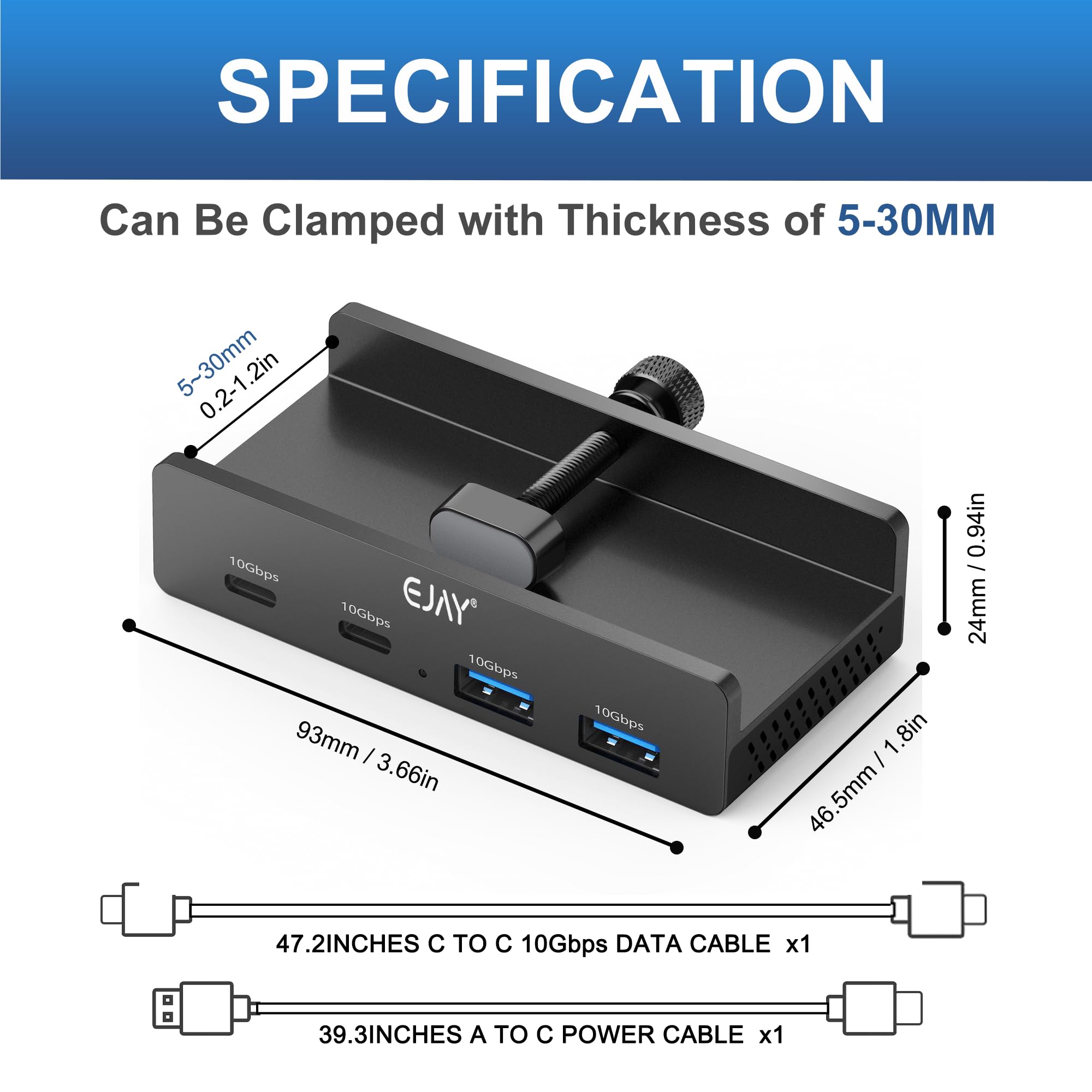 EJAY 4Ports 10Gbps USB-C HUB USB3.2 Clamp USB HUB Splitter,Mountable USB-C Adapter with Data & Power Cable for iMac 2021 and later-10Gbps (Black)