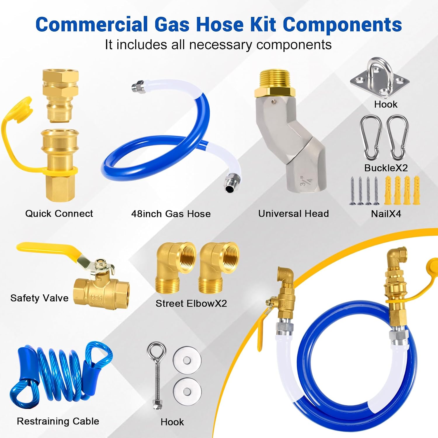48 inch Commercial Gas Hose Connector Kit, 1675KIT48 Safety System Kit,Flexible Blue Gas Hose Kit,Gas Line Hose with 3/4" Quick Disconnect, Swivel Head,Restraining Devices for Commercial Kitchen