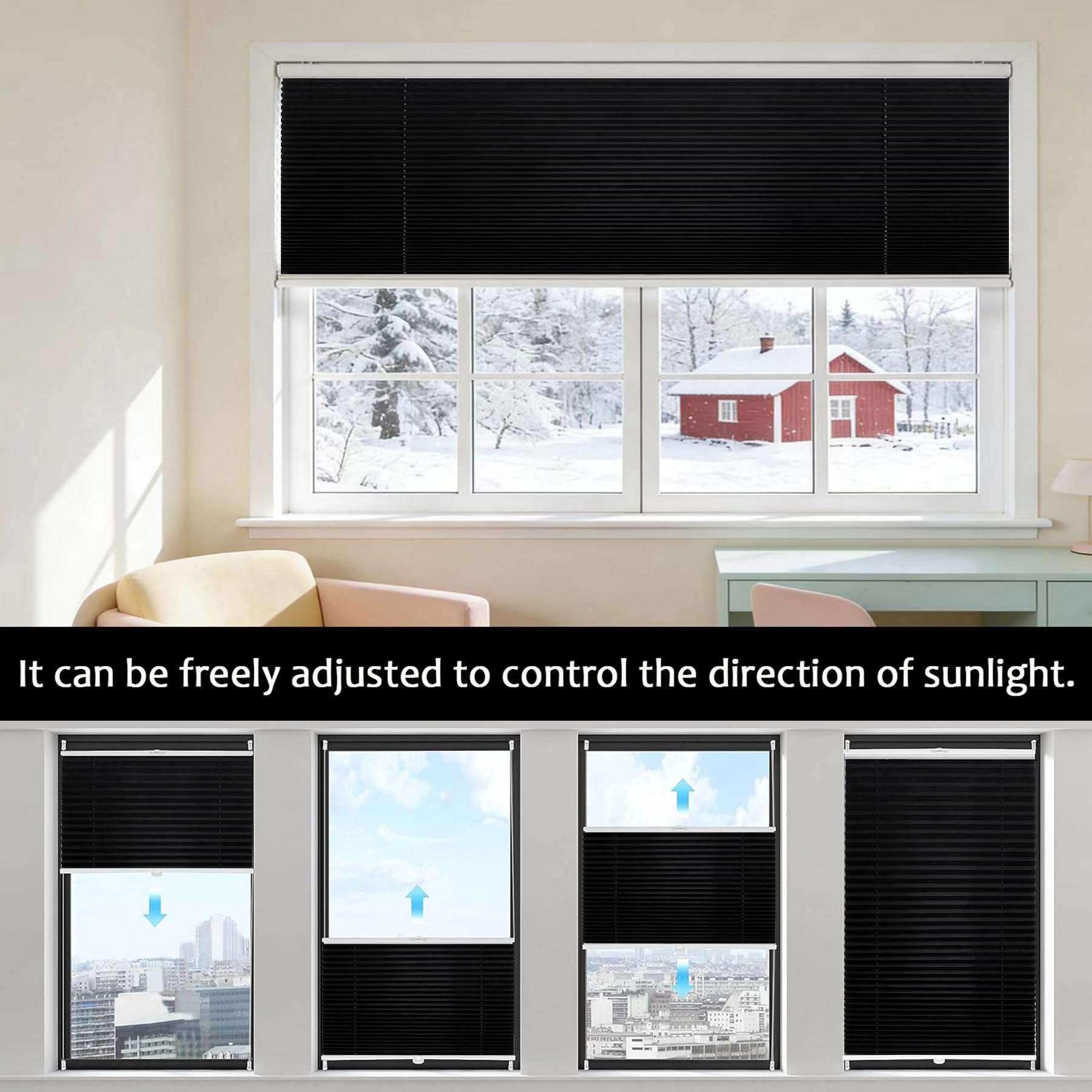 Store Plissé 60 x 296 cm Contre Le Soleil, Réglable Haut Bas, Protection de Privée, Ouverture à Double Sens Store Plissé Encadré pour Fenêtre Ou Porte, Portes de Terrasse, Noir