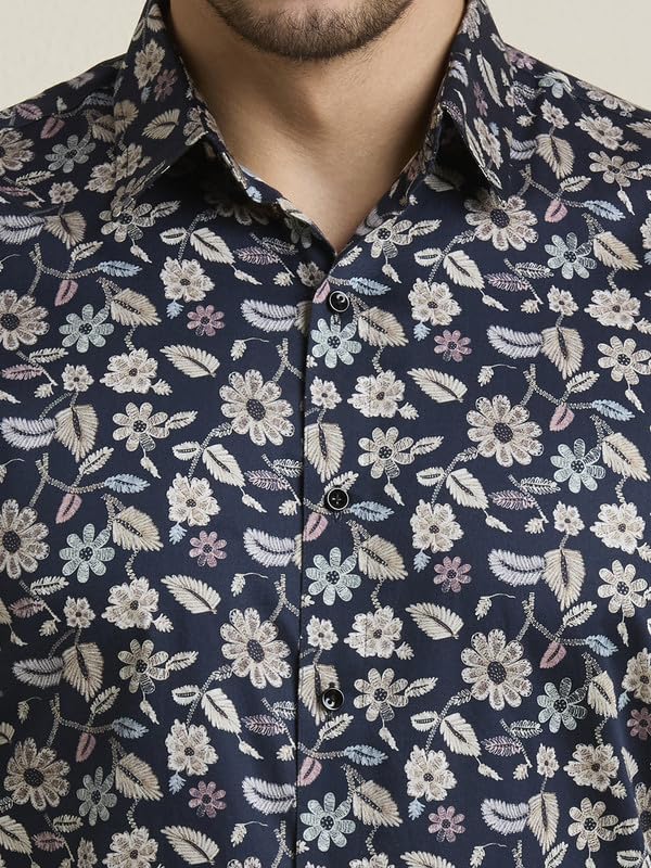 Image of MARK & ALBERT Men's Printed Full Sleeves Regular Fit Shirt Blue | 100% Cotton Stretchable Fabric
