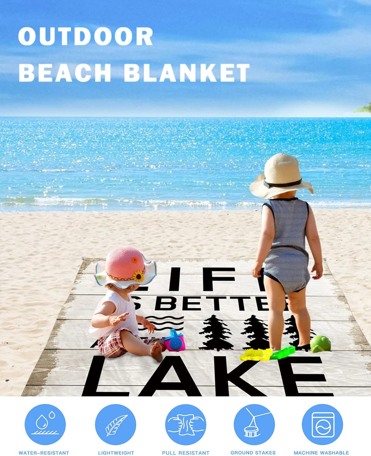 Summer Quotes Lake and Forest Beach Blanket Waterproof Sandproof Outdoor Picnic Mat 95"x80" Farm Wooden Frain Lightweight Large Beaach Blankets with 4 Stake & 4 Corner Pockets