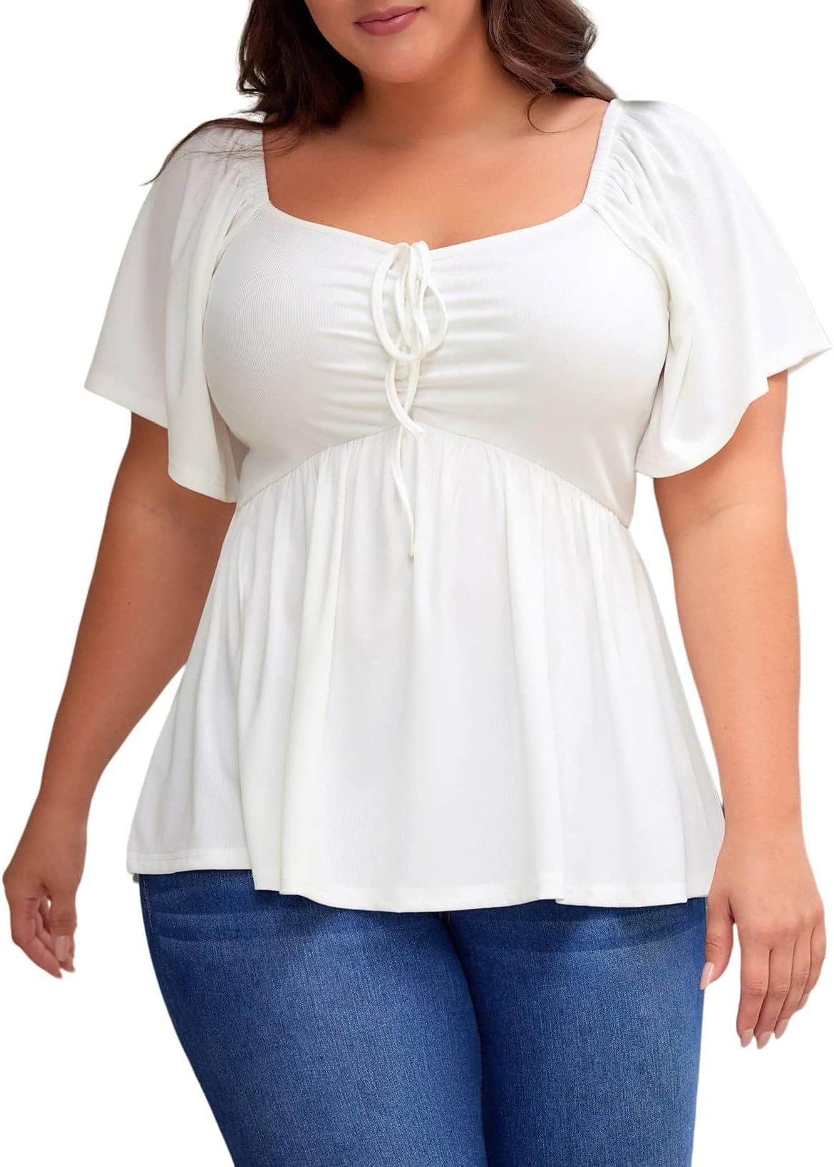 Womens Plus Size Tops Short Sleeve Sweetheart Neck Shirred Peplum Blouse Shirts(1X-5X)