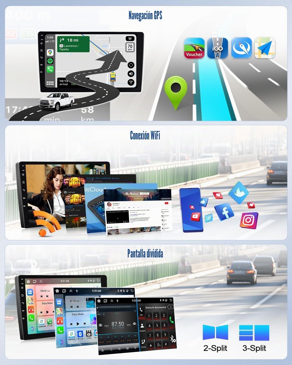 8 Core 4G+64G Android 15 para Hyundai Santa Fe 2006-2012con Navi Carplay Android Auto, 9 Pulgadas Pantalla Doble DIN autoradio con Bluetooth5.0 FM/RDS EQ DSP SWC