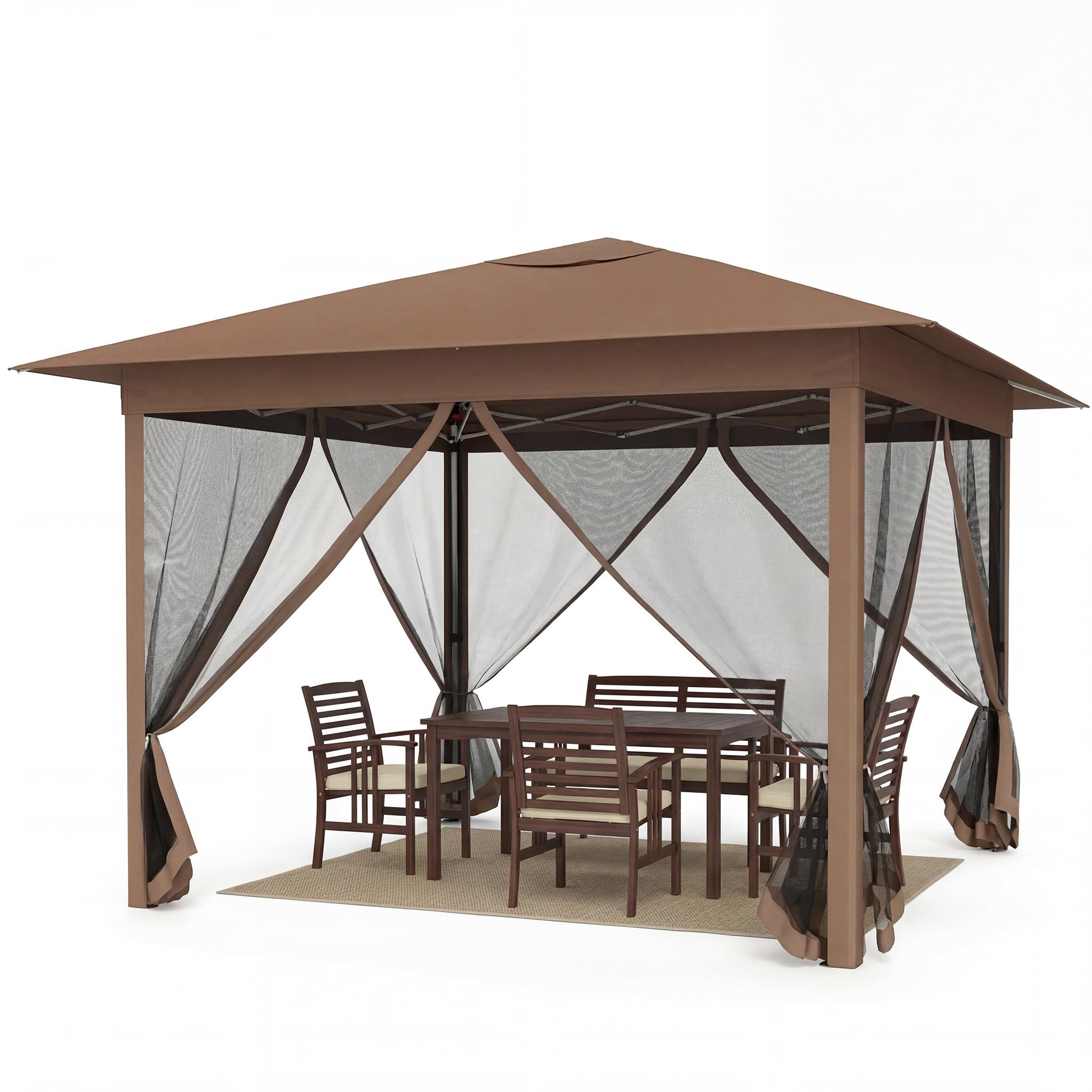 GOPLUS Carpa Plegable 3,5x3,5 cm, Cenador Pop-up de Jardín con 4 Mosquiteras Extraíbles, Altura Ajustable, Bolsa de Transporte, Protección Solar, Gazebo para Fiestas (Marrón,con Mosquiteras)